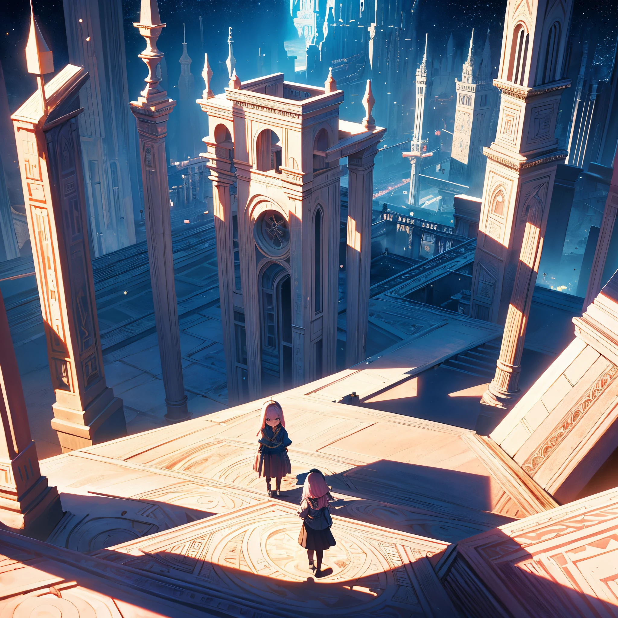 1B girl,In Monument Valley,magic castle labyrinth,little girl looking for lost treasure,geometric space,Regular three-dimensional pattern without order,ancient totem pole,tall monument,complicated stairs,Pink space