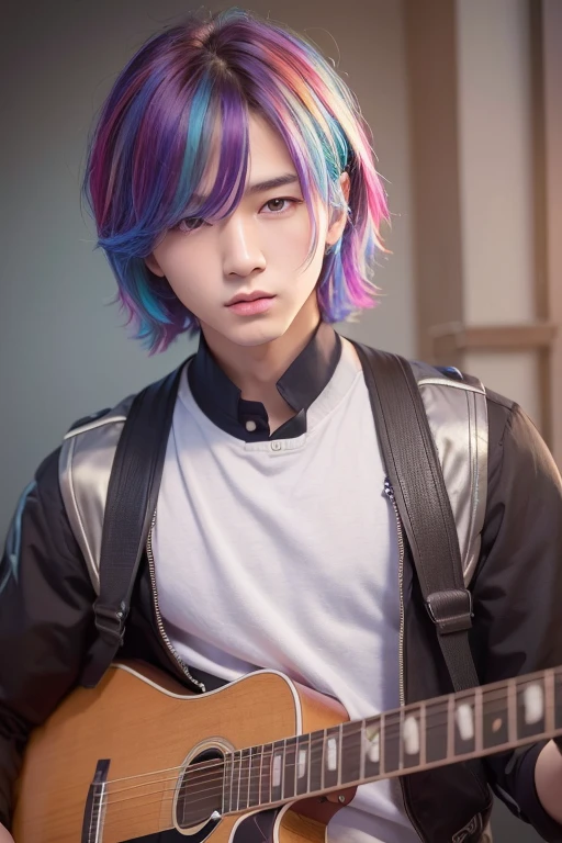 top-quality, ​masterpiece, 超A high resolution, (realisitic: 1.4), Original photo, wall-, Head Photo, pretty skin,single background, Detailed CG, selfy, 1 boys, 25 years old, a handsome,BTS、Street attire、Like a human being,Colorful Hair Color,length hair