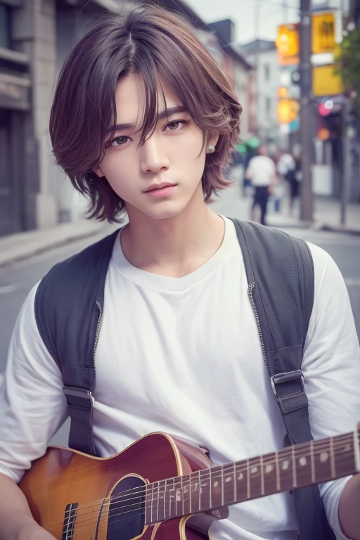 top-quality, ​masterpiece, 超A high resolution, (realisitic: 1.4), Original photo, wall-, Head Photo, pretty skin,single background, Detailed CG, selfy, 1 boys, 25 years old, a handsome,BTS、Street attire、Like a human being,Colorful Hair Color,length hair