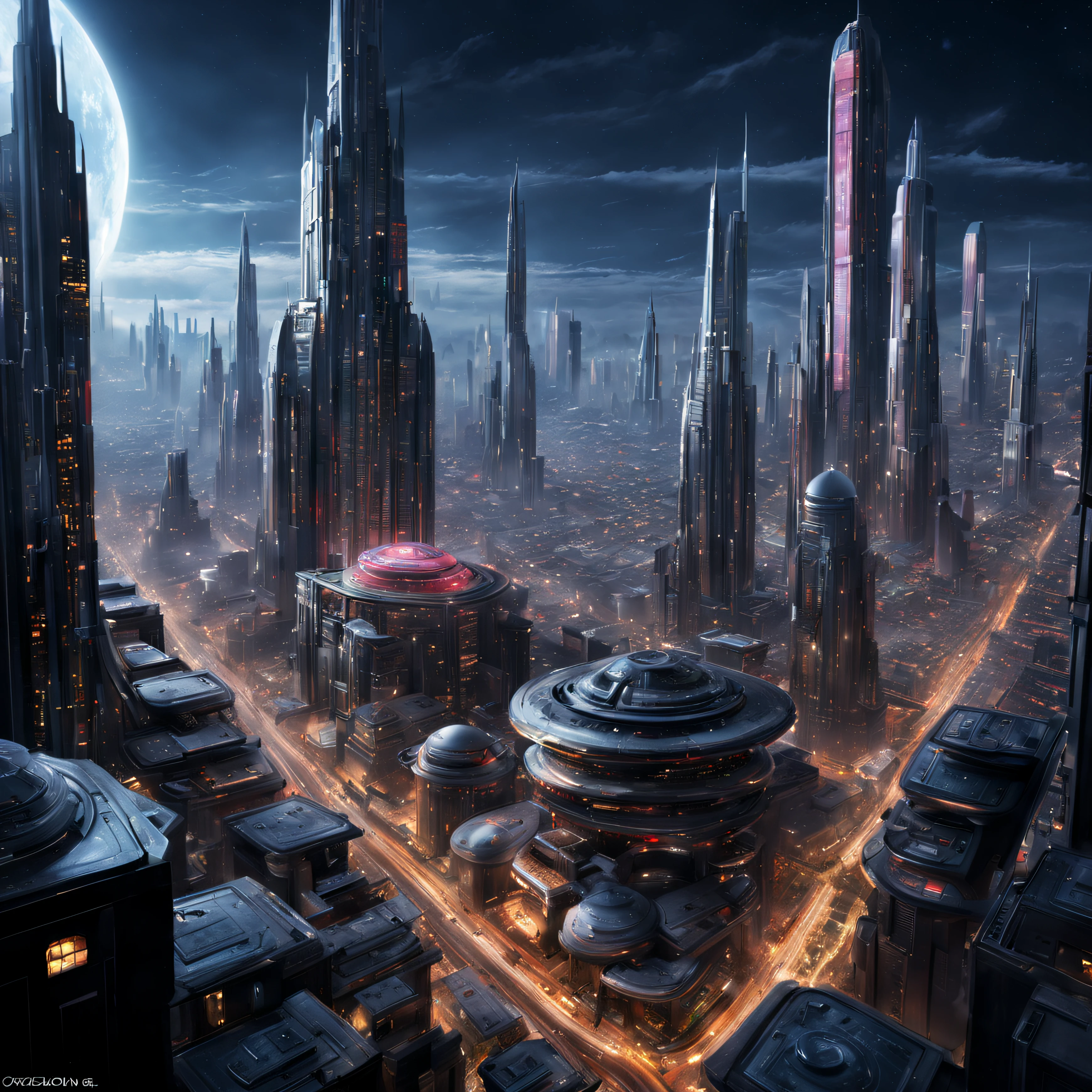 (The city of Coruscant from Star Wars as designed by Doug Chiang), futuristic fantasy city with immense buildings of technological design (que forman una avenida infinita), edificios compactor no difuminados con aspecto metalico, luces en ventanas en edificios, iluminacion diurna con sol, con estructuras acristaladas espectaculares, (con colores vivos). pavimento ensolado (sin brillo). gente paseando. imagen bien definida con muchos edificios juntos. imagen nitida bien definida 8k. los edificios llegan alta el fondo.,8k. imagen cinematografica