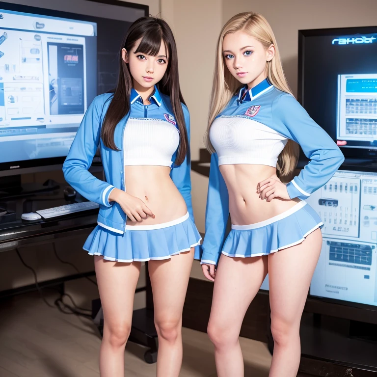 Stunning two Sweet Cuties. photorealistic girl, eyes, blue eyes, skinny, girl, real Beautiful face, full body standing, egirl, gameroom, in ass, uniform
