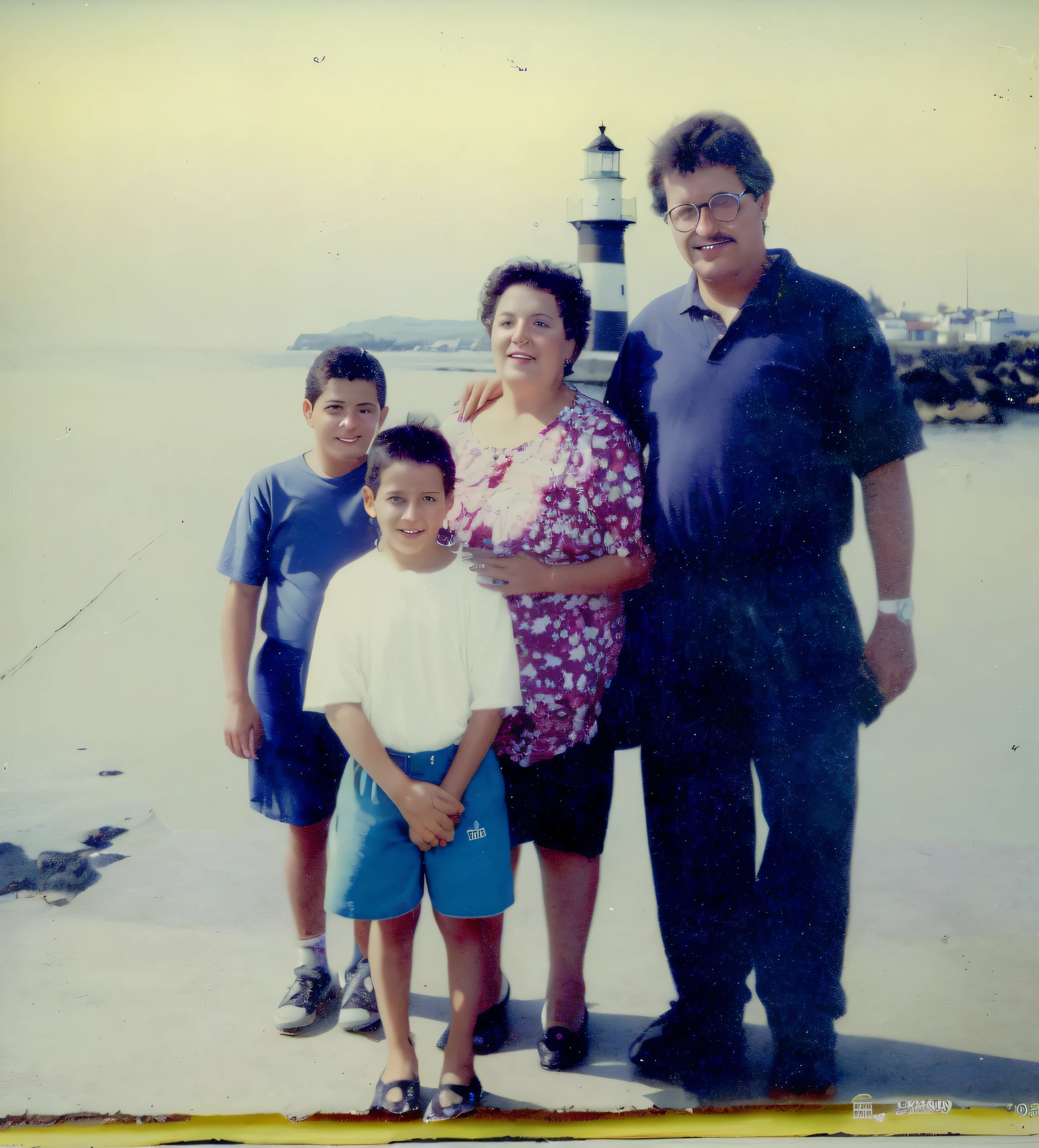 There are three adults and two children together in front of a lighthouse.., Foto 1 9 9 0 s, Escaneado 2400 dpi, Foto de 1990, 1 9 8 0 s foto, Photo from the 1980s, tomada en 1 9 9 7, Foto de los 90, momma and papa, Foto tomada en 1989
