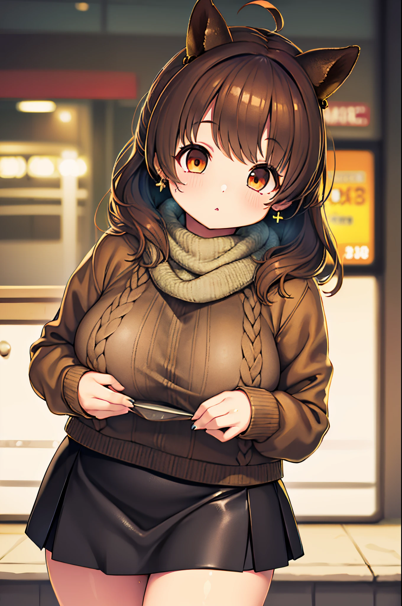 Lorua,, , 1girl in, Ahoge, Bangs, Black skirt, Black sweater, Blue Nails, Blurry, Blurry background, breasts, Brown eyes, Brown hair, Brown jacket, Closed mouth, fixed, day, depth of fields, earrings, Eyelashes, Hand up, Head tilt, Jacket, Jewelry, Long hair, Long sleeves, Looking at Viewer, medium breasts, nail polish, Open your clothes, Open jacket, Outdoors, puckered lips, shirt tucked in, side locks, Skirt, sleeves past wrists, Solo, Sweaters, Upper body, zippers, , , ((masutepiece)), ,