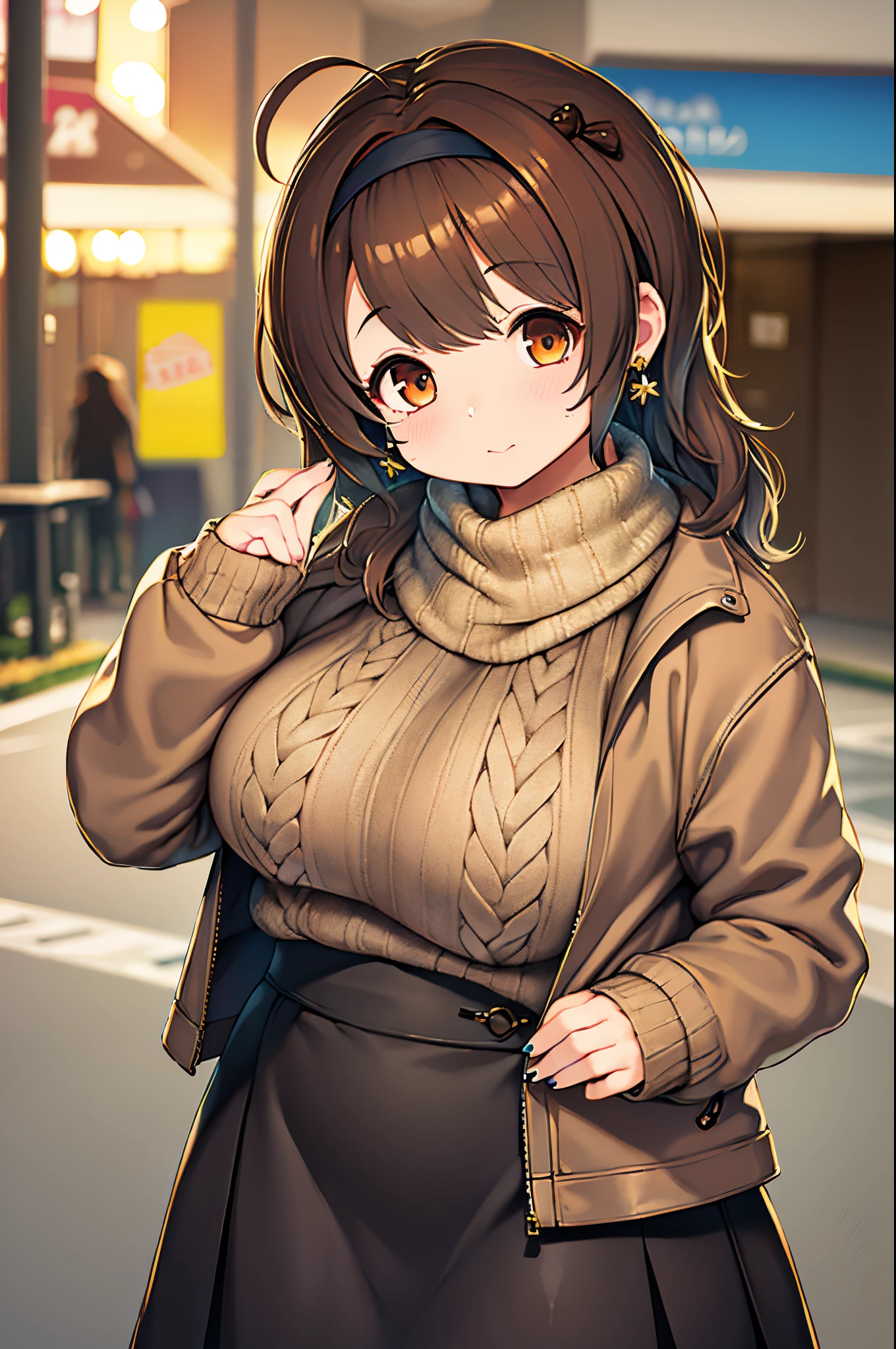 Lorua,, , 1girl in, Ahoge, Bangs, Black skirt, Black sweater, Blue Nails, Blurry, Blurry background, breasts, Brown eyes, Brown hair, Brown jacket, Closed mouth, fixed, day, depth of fields, earrings, Eyelashes, Hand up, Head tilt, Jacket, Jewelry, Long hair, Long sleeves, Looking at Viewer, medium breasts, nail polish, Open your clothes, Open jacket, Outdoors, puckered lips, shirt tucked in, side locks, Skirt, sleeves past wrists, Solo, Sweaters, Upper body, zippers, , , ((masutepiece)), ,