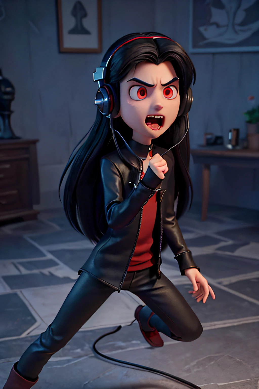 um garoto vampiro com cabelos longos e lisos, Rosto super fino, olhos vermelhos, Usando fones de ouvido, em uma pose de medo, suspicious facial expression, Estilo Pixar, Cartoon, 3D rendering, 4k, Cinematic lighting, Motor Unreal 5, cinemactic, super detalhado , dynamic pose, cabelo grande, cabelo preto liso, dentes de vampiro, Pixar