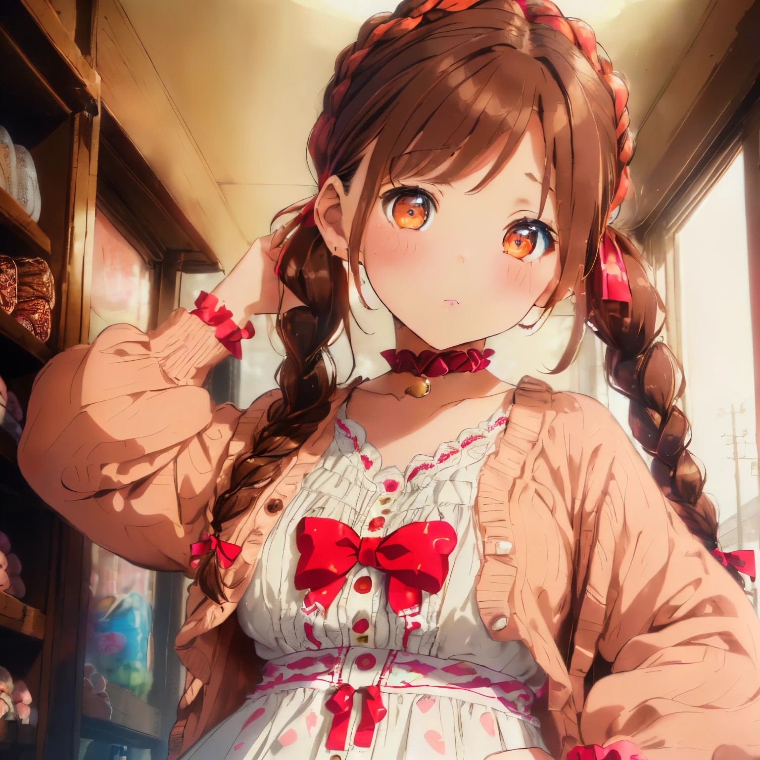 ((Brown hair)),((Braided shorthair)),(With bangs),((pigtail eyes)),((Brown eyes)),Slight red tide,((sweet ta fashion)),(Clothes with lots of frills),((Fluffy and fluffy long sleeve cardigan)),(Head dress),((Colorful and cute lolilothes)),(Strawberry pattern),(The chest is boldly open),(Cute fairy tale thick-soled sneakers),((A world with a colorful and pop atmosphere)),