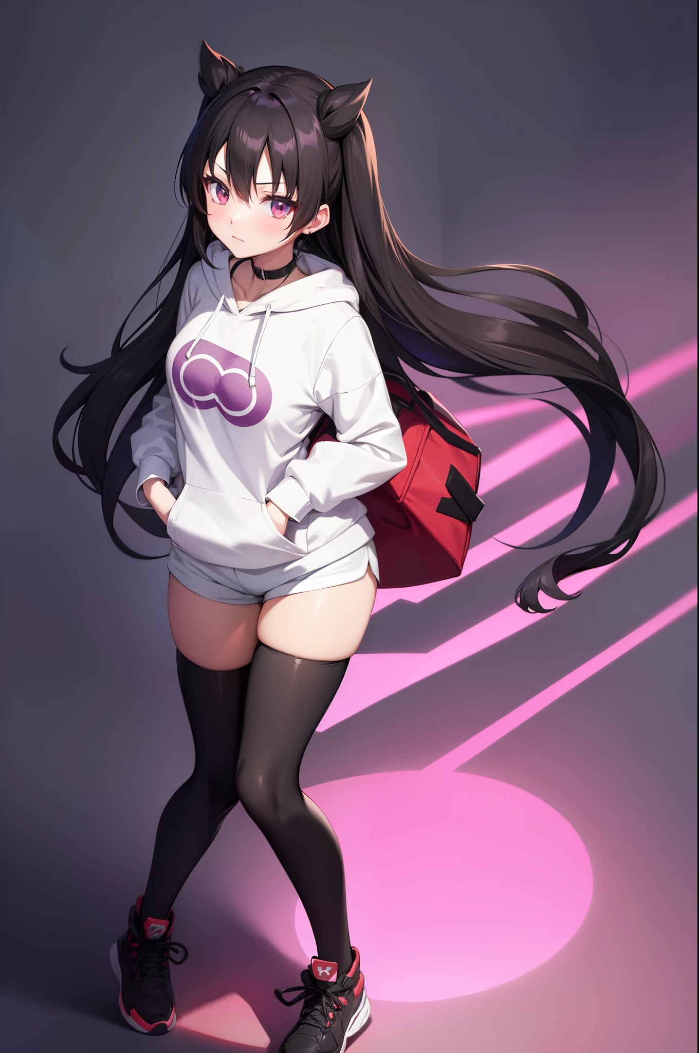 anime female pokemon trainer, black oversize hoodie, black long hair, stockings, shorts, red cheeks, dark eyes, clean dark-purple background, tohsaka rin inspired