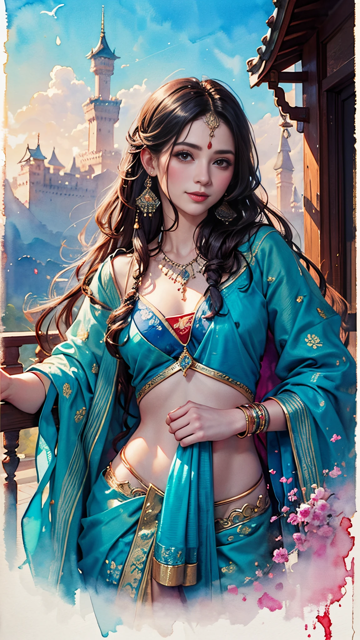 8K,​masterpiece,top-quality ,Dynamic Pose,Castles in China,Beautiful woman at 30 years old,Portrait, light, Long hair, ssmile, watercolor paitingium\),watercolor paiting,(Sari that clings to the body:1.3)