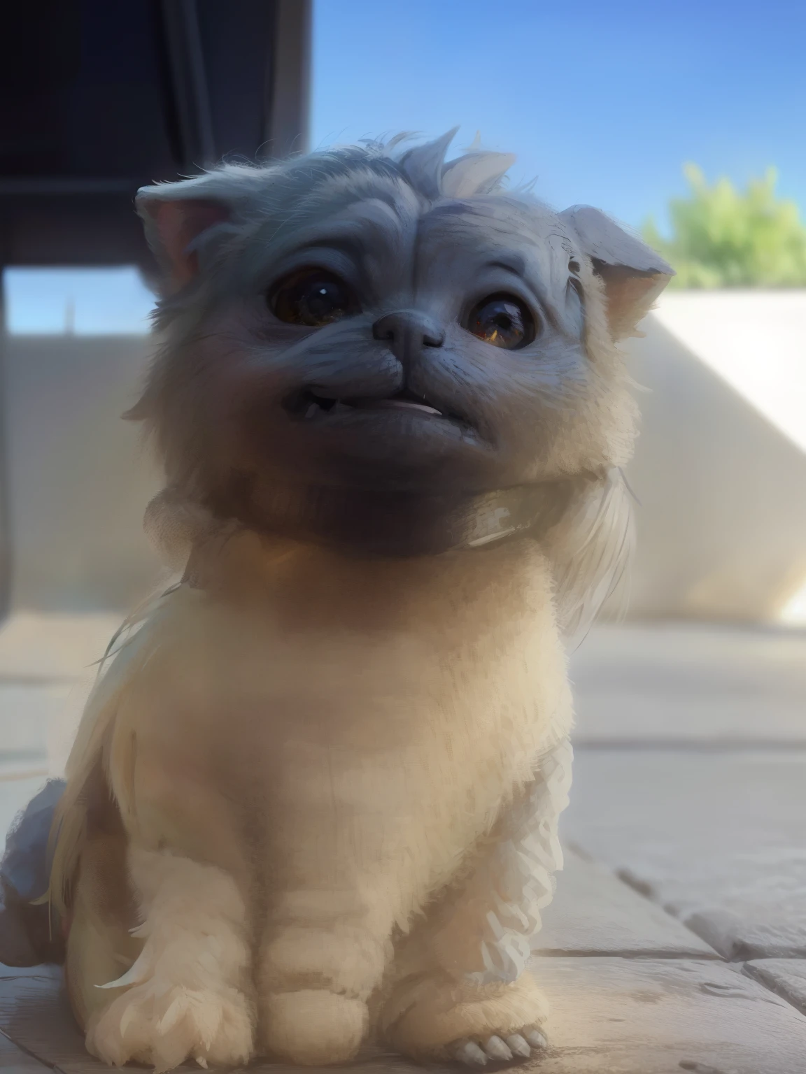 there is a little dog sitting on the floor with a blue sky in the background, olhar desleixado, peludo bonito precisa de sua ajuda, homem maltrapilho, Livro, Directed by: Emma Andijewska, havanese dog, Rocco, 4 5 I, Artem, pimenta, Looking towards the camera, Bullies, asqueroso, desgrenhado