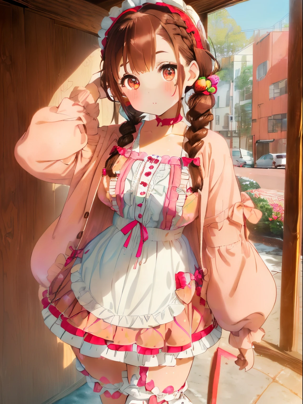 ((Brown hair)),((Braided shorthair)),(With bangs),((pigtail eyebrows)),Slight red tide,((Sweet Lolita Fashion)),(Fluffy long sleeve cardigan clothes with lots of frills)),(Head dress),((Colorful and cute lolita clothes)),(Strawberry pattern),(The chest is boldly opened),(fairy tale cute platform sneakers),((Colorful and pop world view)),(((Body shape is slender))),
