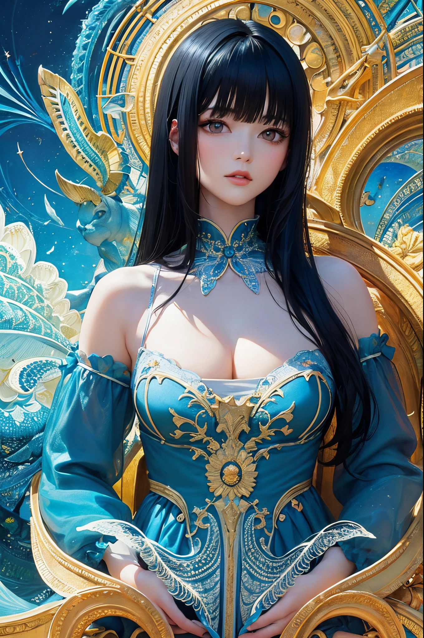 (​masterpiece、top-quality、top-quality、Official art、Beautifully Aesthetic:1.2)、(1girl in)、ighly detailed、(Fractal Art:1.3)、colourfull、highestdetailed、A dark-haired、Longhaire、straight haired、Bangs、The background is blue tone、