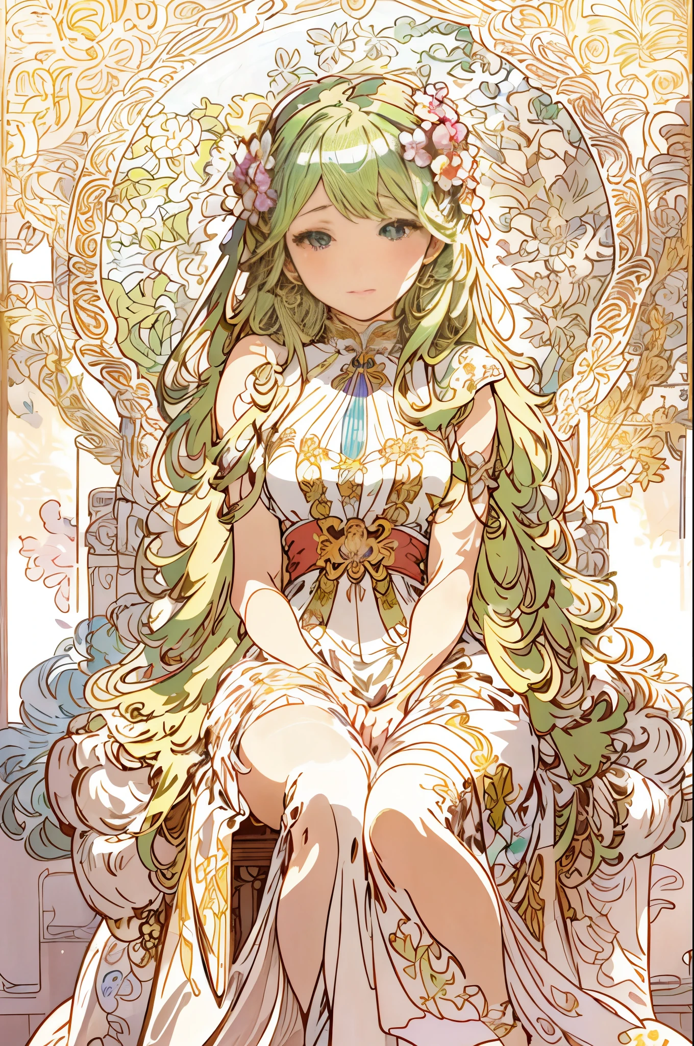 a painting of a woman sitting on a chair with flowers、Anime Art Nouveau、Alphonse Mucha and Ross Draw、Alphonse Mucha style、Flat Shading Mucha、Alphonse Mucha、Demura、Alphonse Mucha's style、Space display of the anime Art Nouveau inspired by Alphonse Mucha、Mucha style、Flat Cell Shading Mucha