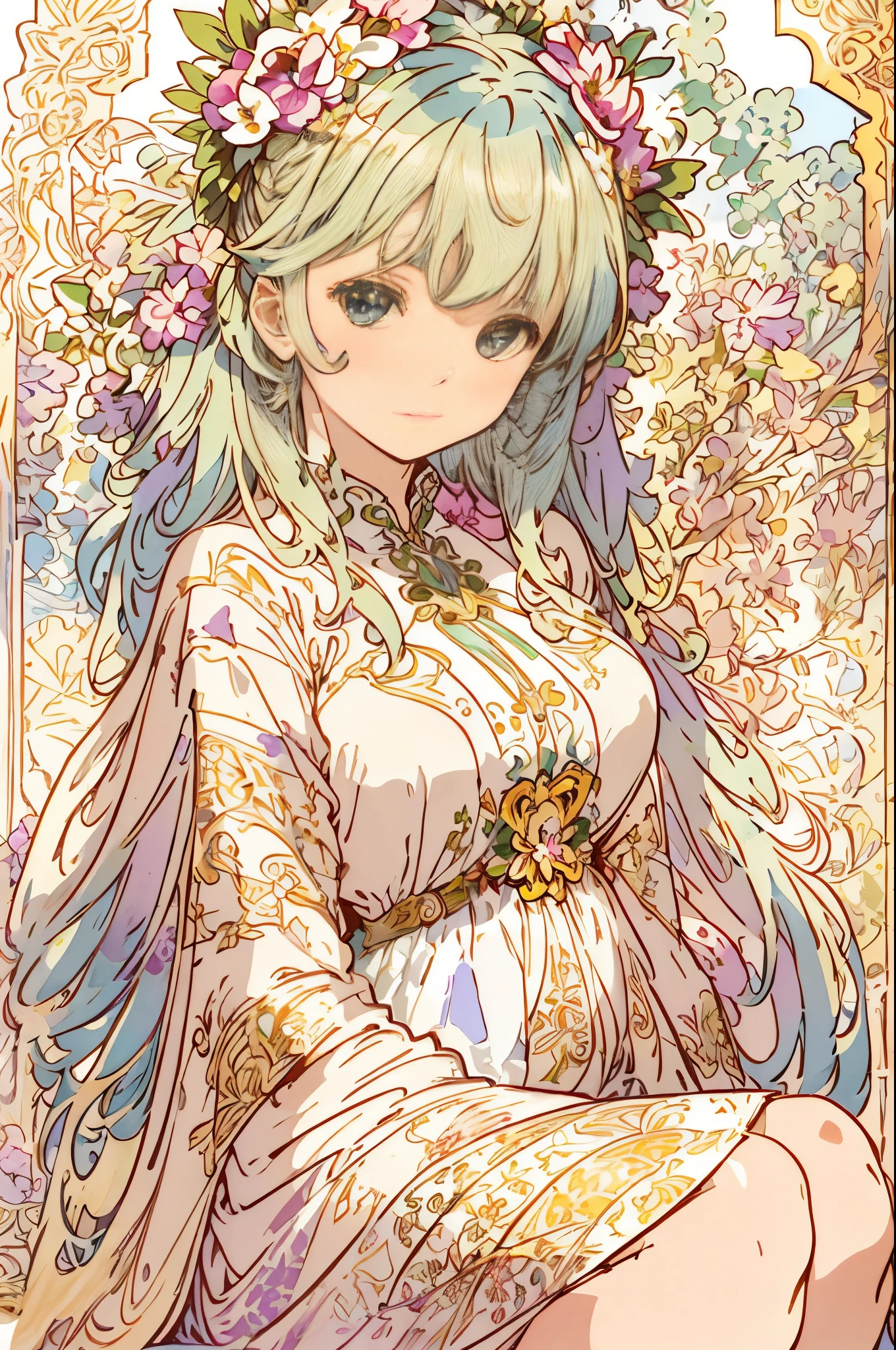 a painting of a woman sitting on a chair with flowers、Anime Art Nouveau、Alphonse Mucha and Ross Draw、Alphonse Mucha style、Flat Shading Mucha、Alphonse Mucha、Demura、Alphonse Mucha's style、Space display of the anime Art Nouveau inspired by Alphonse Mucha、Mucha style、Flat Cell Shading Mucha