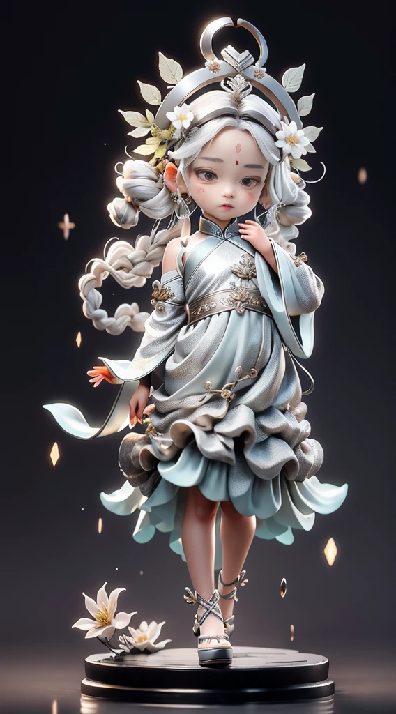 Blind box style，(Masterpiece, high quality, best quality, official art, beauty and aesthetics:1.2),silver element,silver,Composed of metallic silver elements,(1girl:1.2),china_dress,china_dress,intricate silver metal grain,silver pattern, background,[[[[[[building with chinese wind background]]]]]],bokeh,white hair,an intricate headpiece,chinese miao flower silver crown,tiara,head_wreath,