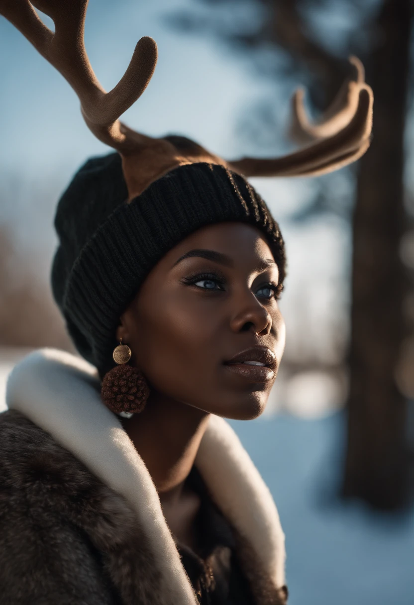 ((Very Dark African skin, Very deep ebony skin)), ((Its beauty undeniable)), ((Excited cute face)), ((Hyper detailed perfect eyes,)), ((attitude shocked)), ((Language output)), ((Seductive )), sexy, ((( Reindeer Hat), Warm winter clothes), Skinny jeans, braided African hair,)), ((skin)), ((Sitting on knees in the snow, view from above)), ((Mouth open, tongue sticking out)), Sharp Focus, photo realistic, High detail, Realistic, Masterpiece, absurd, Best quality, HDR, High quality, high-definition, Extremely detailed, 8k wallpaper, Intricate details, 8K UHD, Full-HD, (photo realist:5.6), contrast, intense illumination, lighting cinematic, natural lighting, hard light, backlight, global illumination, ambient occlusion, full body picture, nsfw