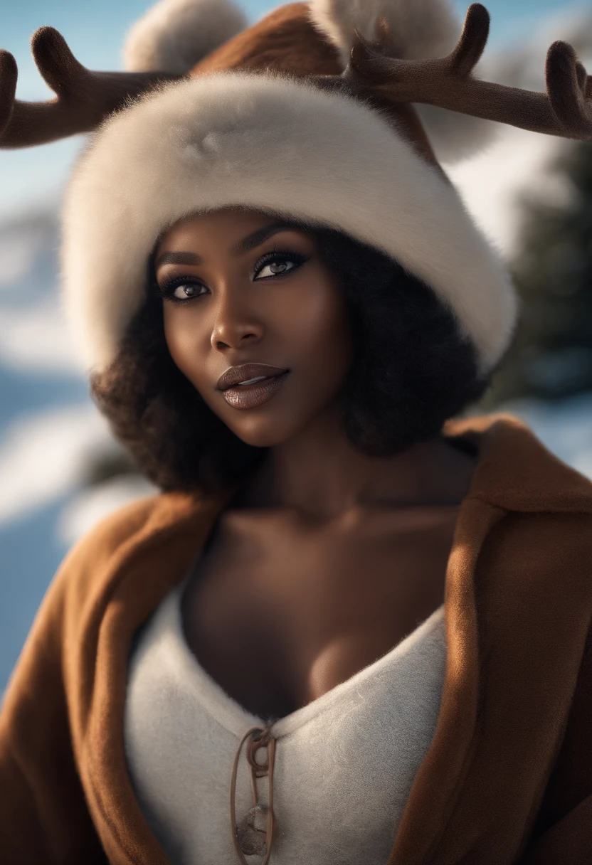 ((Very Dark African skin, Very deep ebony skin)), ((Its beauty undeniable)), ((Excited cute face)), ((Hyper detailed perfect eyes,)), ((attitude shocked)), ((Language output)), ((Seductive )), sexy, ((( Reindeer Hat), Warm winter clothes), Skinny jeans, braided African hair,)), ((skin)), ((Sitting on knees in the snow, view from above)), ((Mouth open, tongue sticking out)), Sharp Focus, photo realistic, High detail, Realistic, Masterpiece, absurd, Best quality, HDR, High quality, high-definition, Extremely detailed, 8k wallpaper, Intricate details, 8K UHD, Full-HD, (photo realist:5.6), contrast, intense illumination, lighting cinematic, natural lighting, hard light, backlight, global illumination, ambient occlusion, full body picture, nsfw