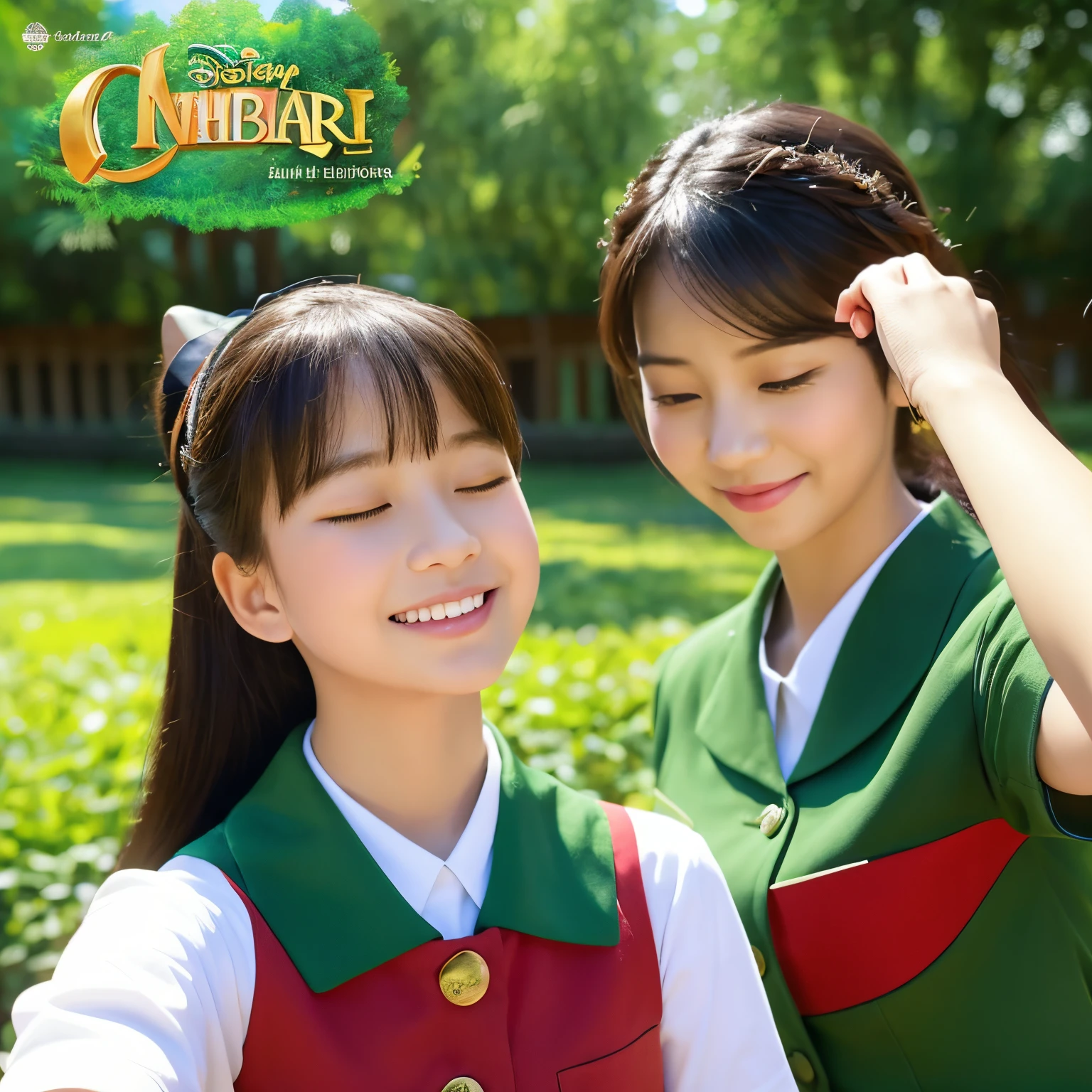 The girl on the left has her eyes closed.、The girl on the right is looking at the girl on the left., Take a selfie with the Disney Pixar poster against a green nature background.。Both wear uniforms with white shirts and red ribbons..