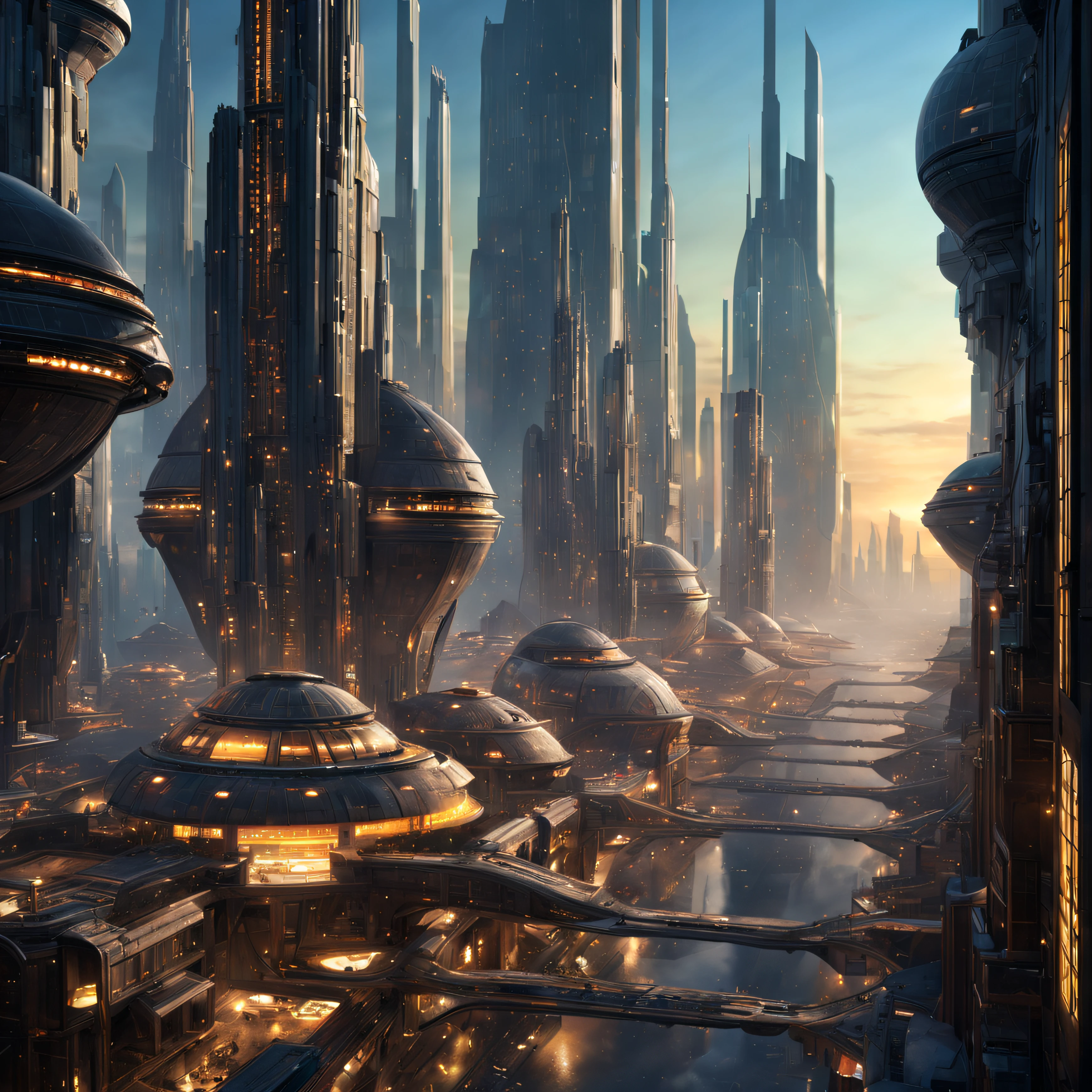 (The city of Coruscant from Star Wars as designed by Doug Chiang), futuristic fantasy city with immense buildings of technological design (que forman una avenida infinita), edificios compactor no difuminados con aspecto metalico, luces en ventanas en edificios, iluminacion diurna con sol, con estructuras acristaladas espectaculares, (con colores vivos). pavimento ensolado (sin brillo). gente paseando. imagen bien definida con muchos edificios juntos. imagen nitida bien definida 8k. los edificios llegan alta el fondo.,8k. imagen cinematografica