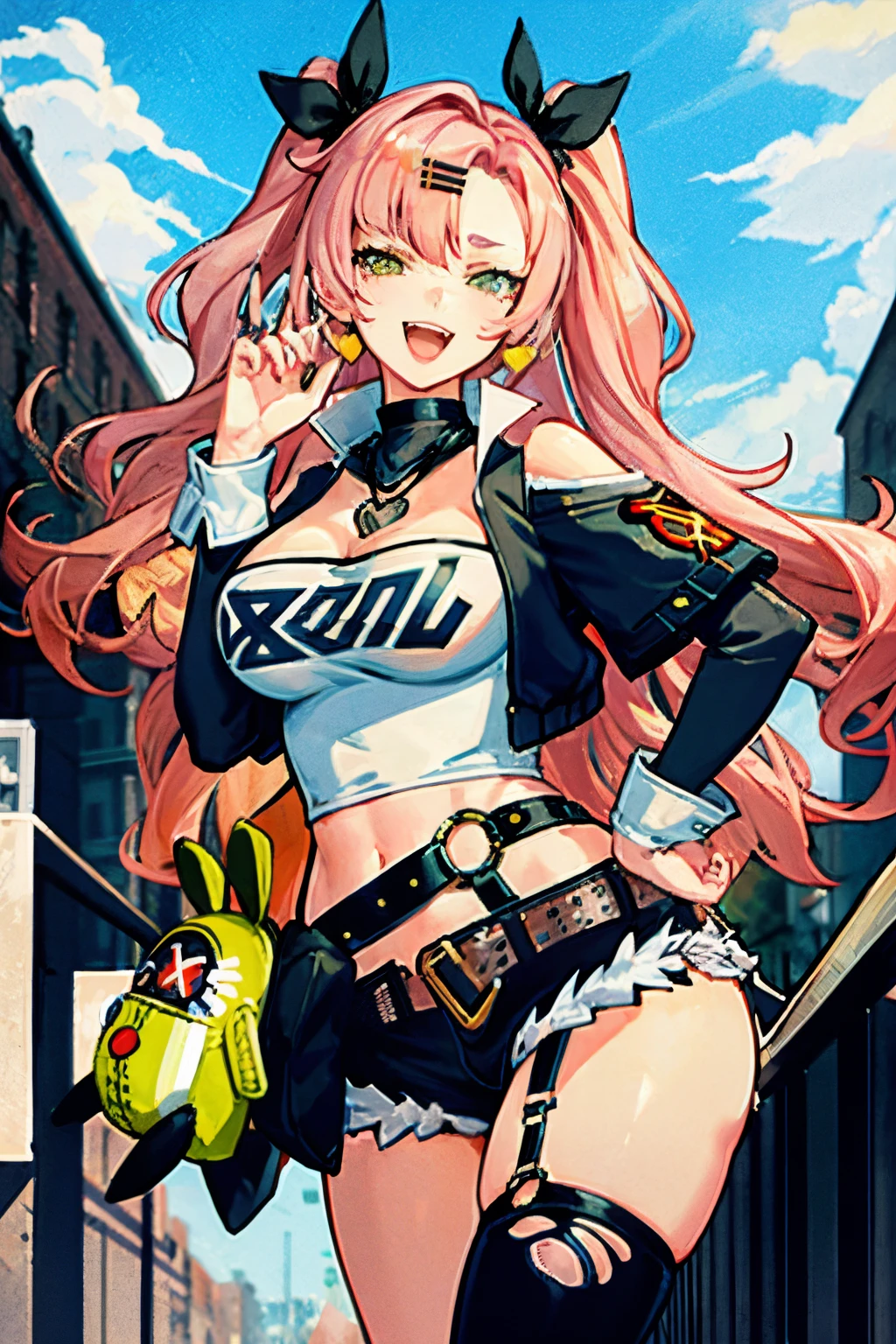 1girl, nicole demara, tube top, single thighhigh, short shorts, cropped jacket, hair ribbon, hairclip, earrings, belt, detached sleeves, doll, black collar, cowboy shot, standing, smug, open mouth, looking at viewer, hand on hip, outdoors, street, masterpiece