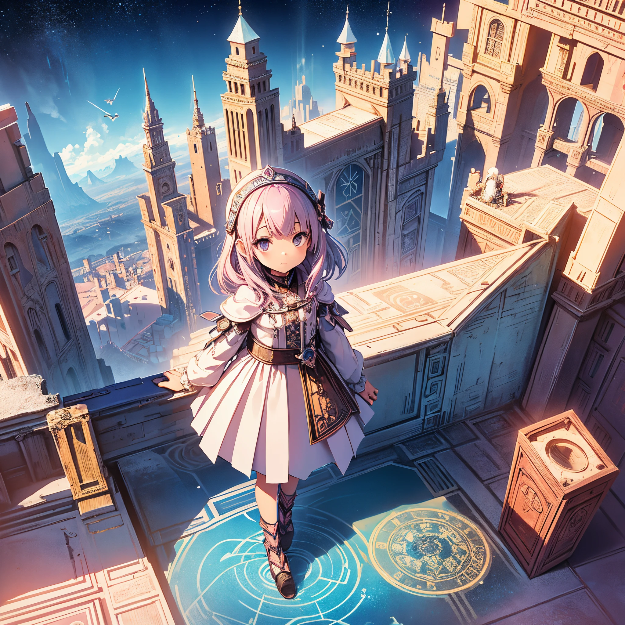 1B girl,In Monument Valley,magic castle labyrinth, girl looking for lost treasure,geometric space,Regular three-dimensional pattern without order,ancient totem pole,tall monument,complicated stairs,Pink space