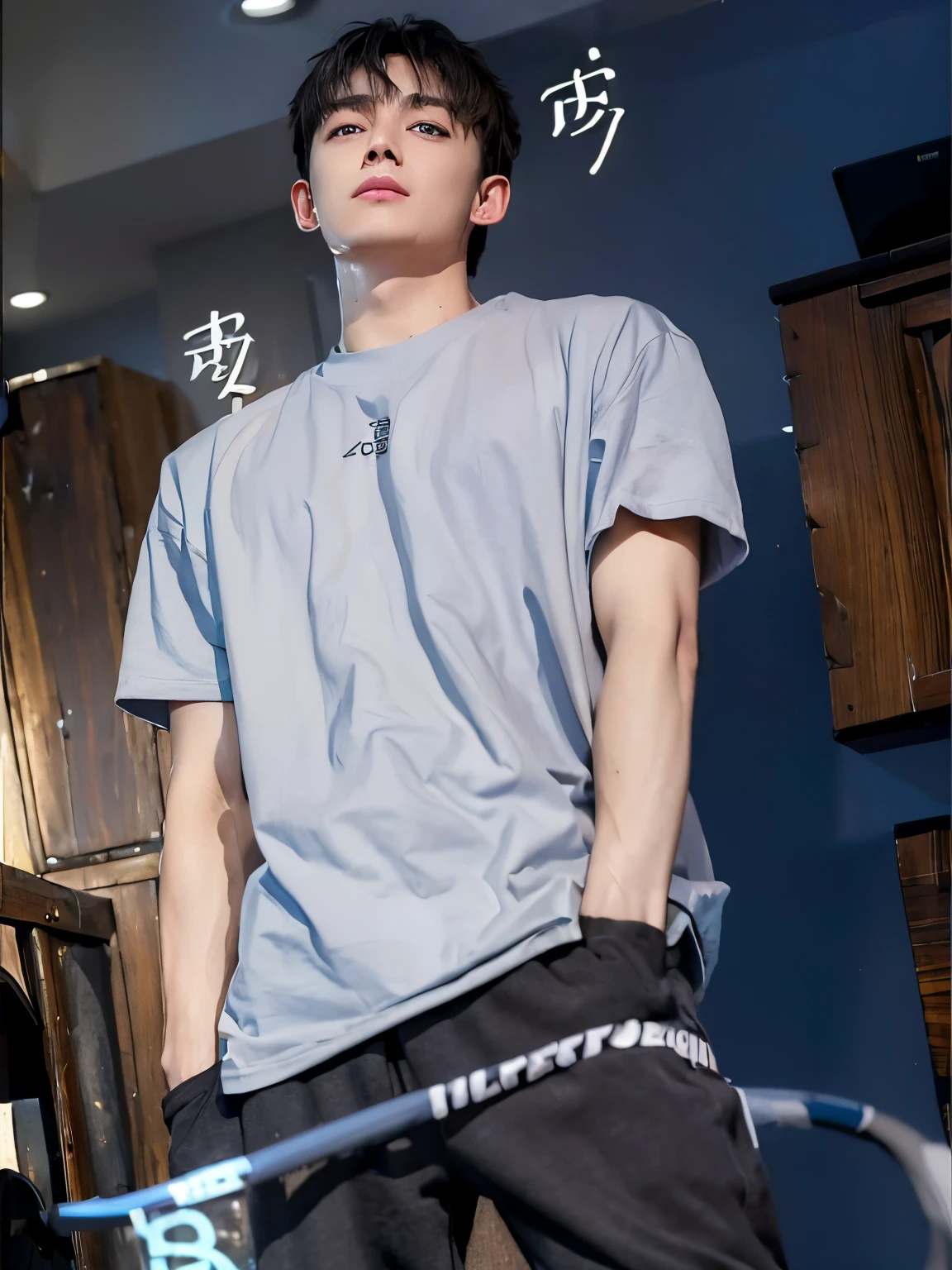 (photorealistic:1.4), best quality, masterpiece, ultra high res, 1boy, (detailed face:1.2), (detailed eyes:1.2), (detailed hair:1.2), (detailed clothes:1.2), 4k, (detailed color:1.2), perfect finger, (black short hair:1.2, left eye covered by hair, drops of sweat on right cheek,