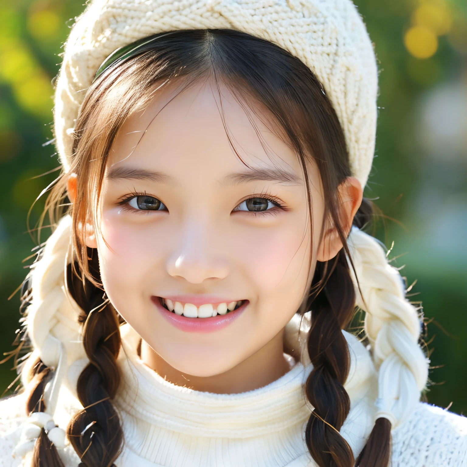 Braids、a beauty girl、White knitted hat、White sweater、Front-facing、Eyes crunchy、超A high resolution、White-colored skin、japanes、Fluffy atmosphere、eyes large、with round face、hair with green tips、Smile、angelicales、Beautiful alignment of teeth、drooing eyes