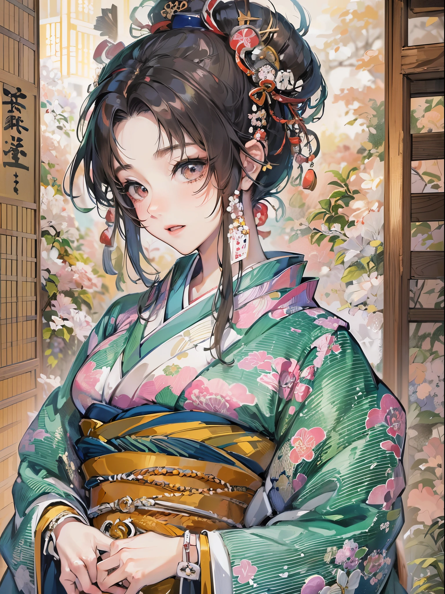 ((Finest quality)),(超A high resolution),(ultra-detailliert),(Meticulous portrayal),((Best Anime)),(Finest works of art),(Ultra-Precision Art),(The art of astounding depiction,Overwhelming depiction:1.5),(Complex and detailed Japanese art:1.6), (1 adult female:1.5),Beautiful enough to be admired:1.7,(Japanese clothes with precise and detailed depictions:1.7), traditional Japanese room:1.5,scroll:1.3