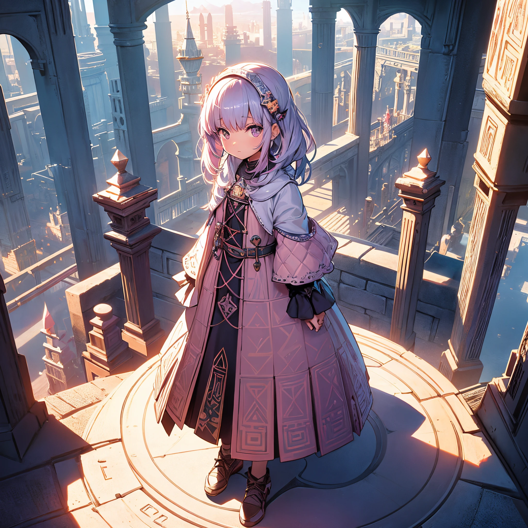 1B girl,In Monument Valley,magic castle labyrinth,little girl looking for lost treasure,geometric space,Regular three-dimensional pattern without order,ancient totem pole,tall monument,complicated stairs,Pink space