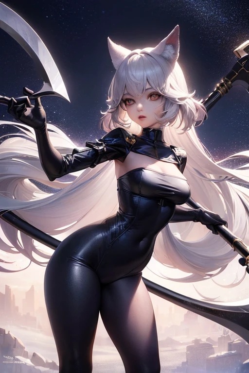 (((midnight-city))), (best quality, photo realistic, hyper realistic, super fine illustration, ultra high res, large_filesize, 64K, extremely detailed, realistic background, detailed background:1.2),
BREAK,
(beautiful wolfkin-girl ((holding a scythe))), (((wolf ears, multicolored-hair:1))), (small head:1.1), (plastic suit, plastic tights:1.33), long-sleeves, (detailed beautiful body, extremely beautiful eyes, extremely beautiful face), extremely beautiful nose,
BREAK,
standing, clear outline, (puffy details overlay modify:1.3), (highres meticulous micro structure hipoly3d rendering modify), heavy outline, geometric perspective, (natural gradation effect:1.23), (depth compensation:1.2), official art, wide shot, low angle