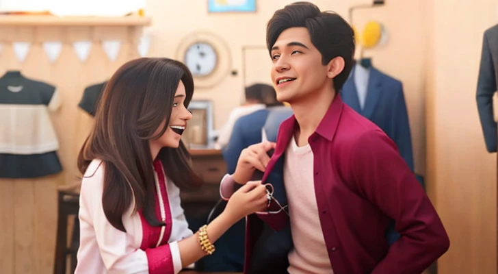 A woman helped a man In sewing the button of his shirt, the woman looks at him angrily, a scene. A comedian from a movie, the man looks up with a sarcastic laugh,the girl is wearing yellow while the boy is wearing red, the background is in a clothing store