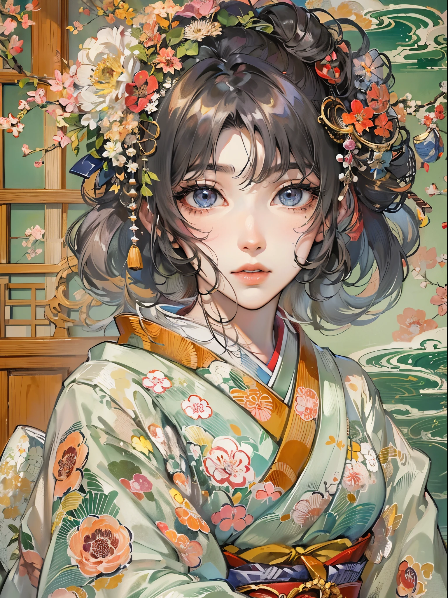 ((Finest quality)),(超A high resolution),(ultra-detailliert),(Meticulous portrayal),((Best Anime)),(Finest works of art),(Ultra-Precision Art),(The art of astounding depiction,Overwhelming depiction:1.5),(Complex and detailed Japanese art:1.6), (1 adult female:1.5),Beautiful enough to be admired:1.7,(Japanese clothes with precise and detailed depictions:1.7), traditional Japanese room:1.5,scroll:1.3