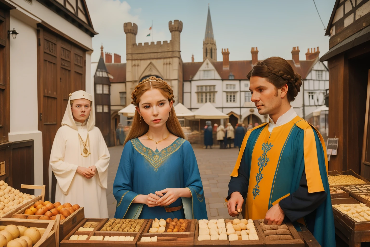 1135, Salisbury, England. In an otherworldly castle, outside the palace, ecclectic merchants work in a farmers market, ((((poor tunic from the 12th century)))), ((Hairstyle of the 12th century)), ((Wes Anderson cinematic style)), colorful