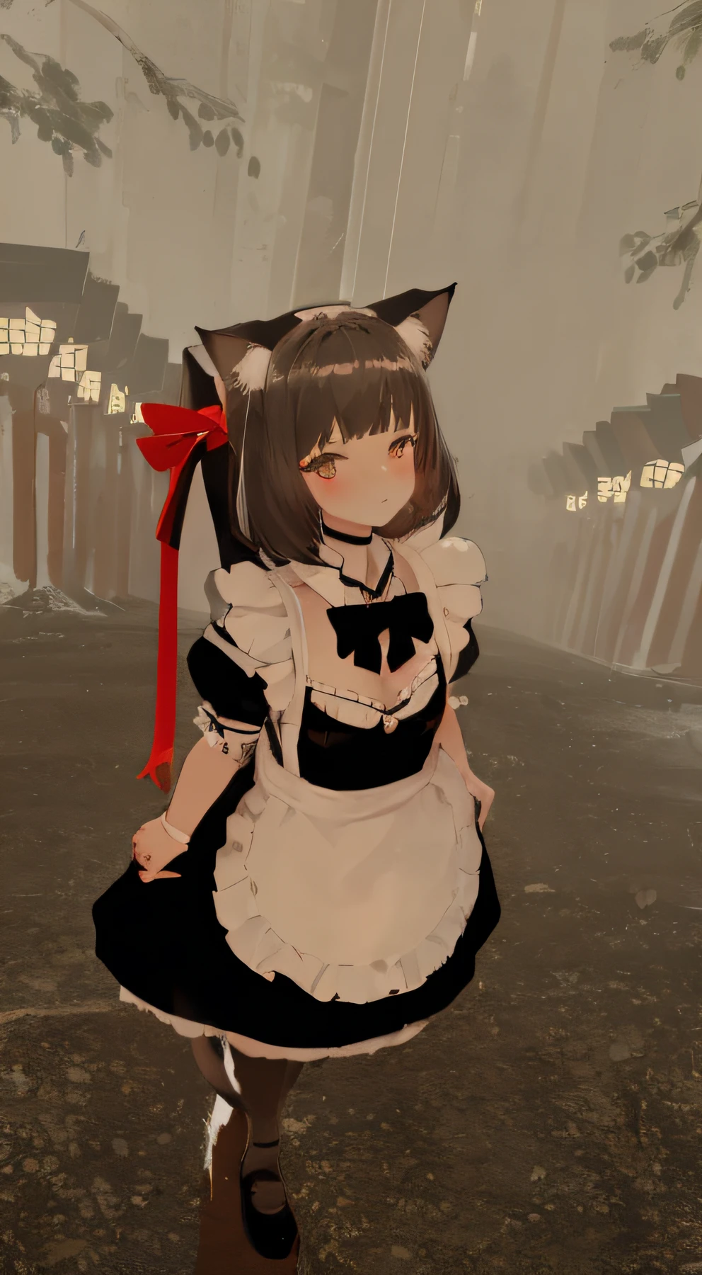 Anime character wearing a black and white dress with a red ribbon, anime cat girl in a maid costume,  cat boy&#39;S! maid! Dress, maid clothes, Lori, anime catgirl, vrchat, Anime girl with cat ears, maid, a maid in a magical forest, cute anime catgirl, catgirl, anime girls in maid costumes