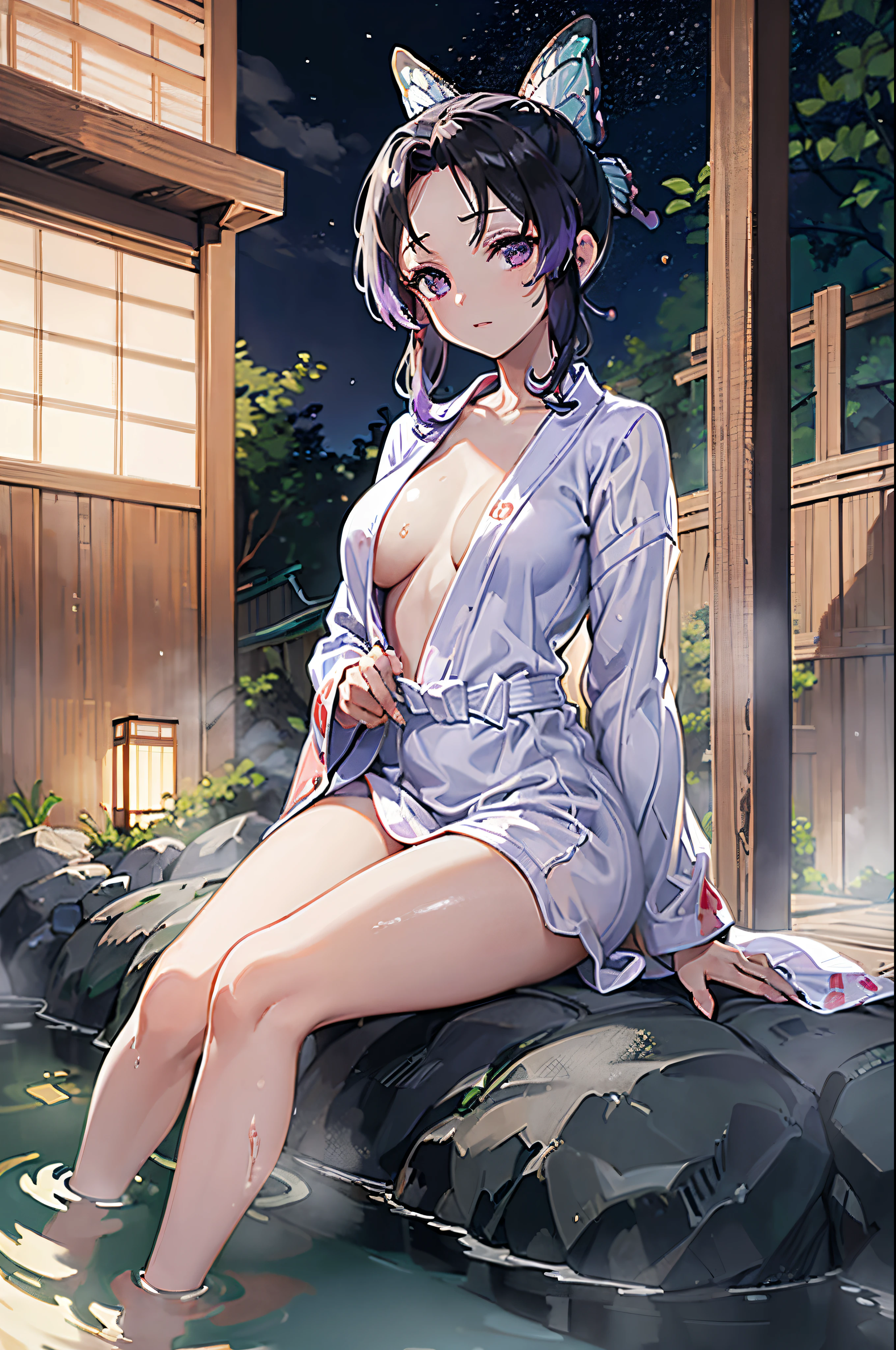 Ultra-realistic 8K CG,Masterpiece,((ultra-detailed background,delicate pattern,intricated details)),Best quality at best,Very, very, very detailed face,Very detailed eyes and faces,Very detailed eyes,Shinobu Kocho,multicoloured hair,No bangs,hair intakes,Purple Eye,brow, butterflies ,Solo,(onsen:1.5),(plein air),(natta:1.2) ,Chibi,Tyndall Effect , (Shameful_face),(Bathrobe:1.6), (Sitting)