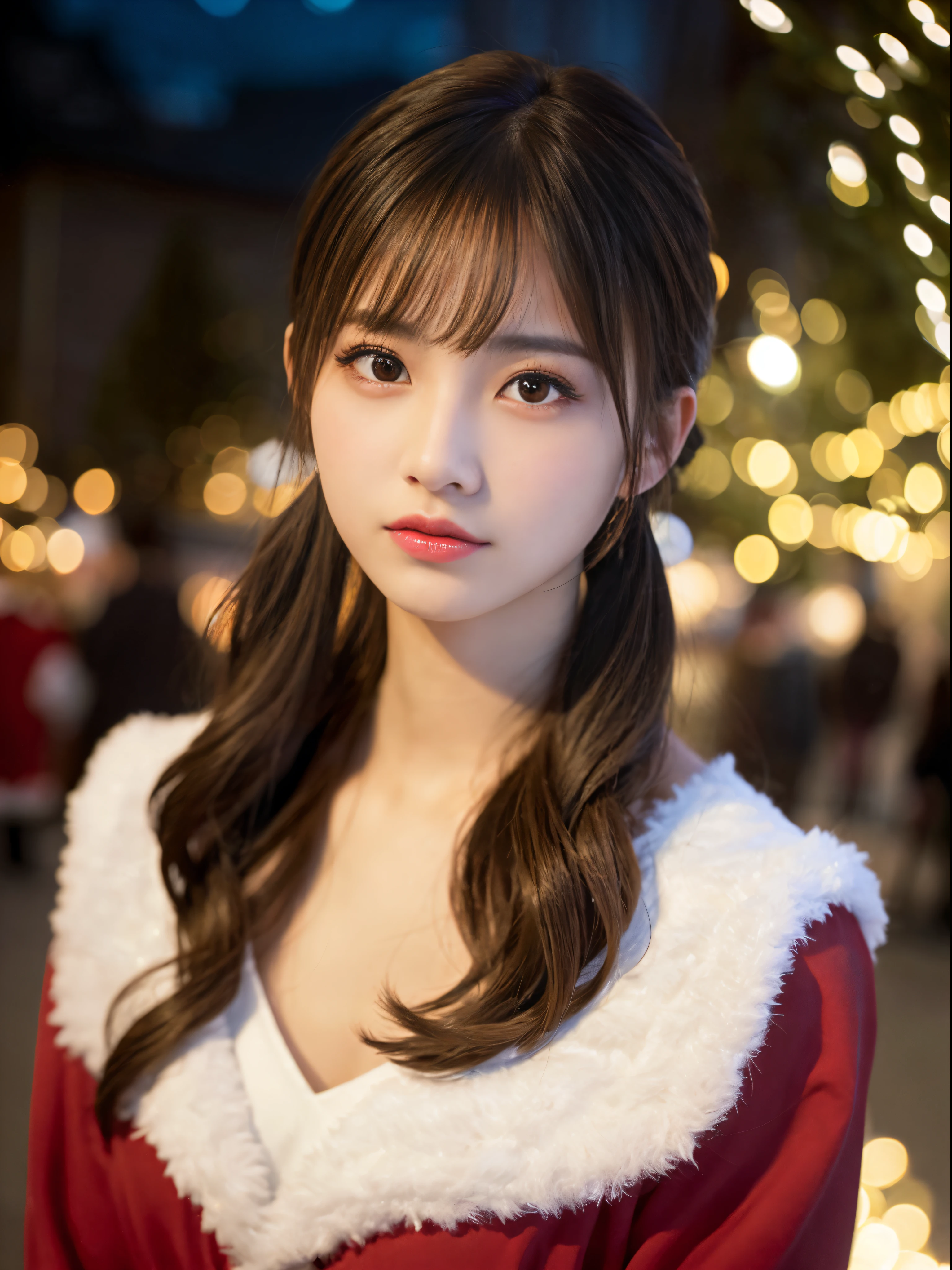 (masterpiece:1.5)、(8K)、(Photorealsitic:1.5)、Raw photography、(Top image quality:1.4)、(foco nítido:1.5)、 (PurerosFace_v1:0.5)、
top-quality、masterpiece、超A high resolution、Soft lighting、
23 years old、slender、prety woman:1.4、serious facial expression、
Christmas City、Christmas Lights、wearing christmas costumes、shiny long hair、poneyTail、Glowing hair、
Super Detail Face、A detailed eye、二重まぶた、
Natural Color Lip、Transparent skin、