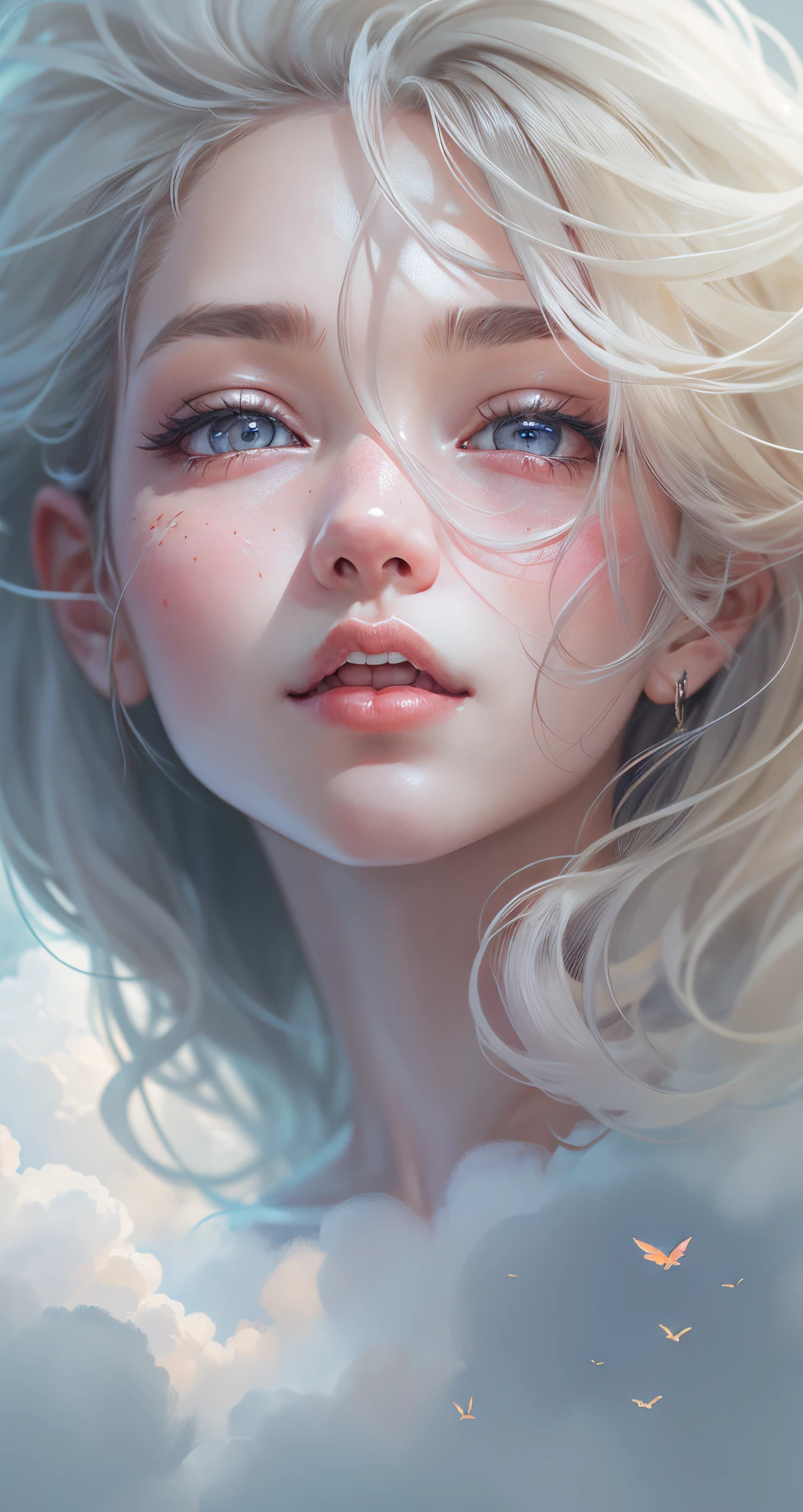 beautiful girl in the clouds，looming in the clouds。light colors hair,weightless hair，hair up。skimpy clothing。The eyes are bright。skin detailed。Beautiful facial features like clouds，cloud。（Guviz-style artwork, ）Cute and detailed digital art, Detailed digital art,  4k highly detailed digital art,  beautiful digital illustration, stunning face portrait, Beautiful digital artwork,