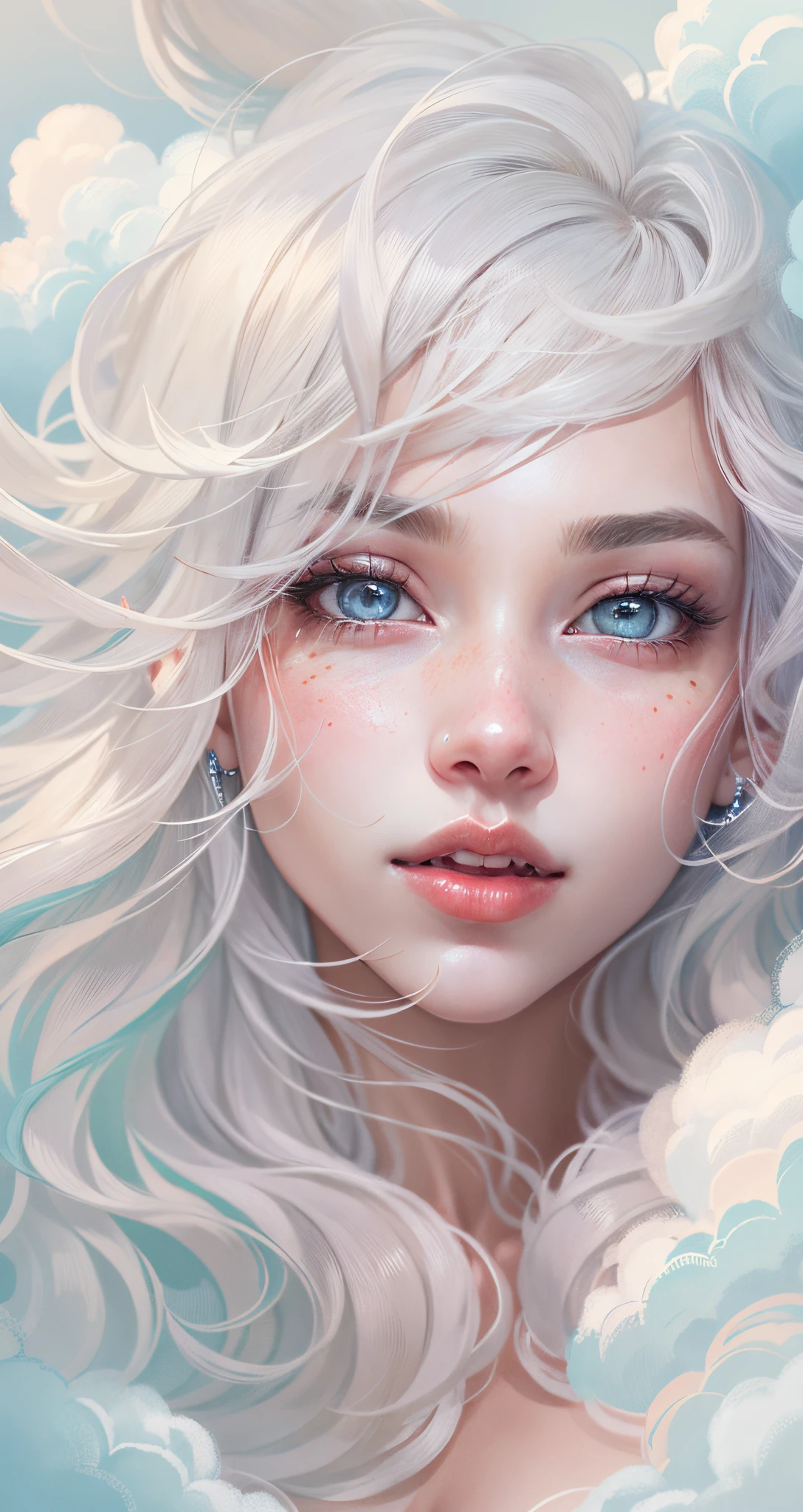 beautiful girl in the clouds,looming in the clouds。light colors hair,weightless hair,Hair stands on end。gossamer,The eyes are bright。skin detailed。The facial features are as beautiful as clouds,clouds。(Guviz style artwork, ),illustration:1.37.Cute and detailed digital art, Detailed digital art, 4k highly detailed digital art, beautiful digital illustration, stunning face portrait, Beautiful digital artwork,