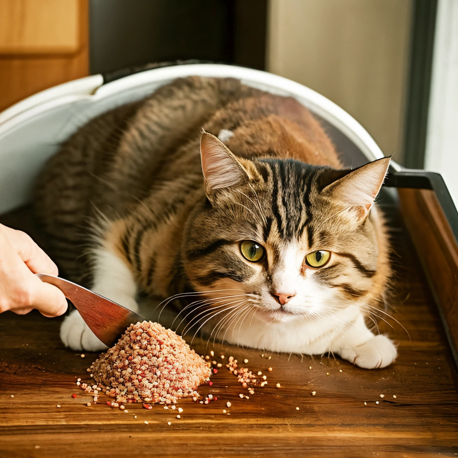 The cat is cutting minced meat