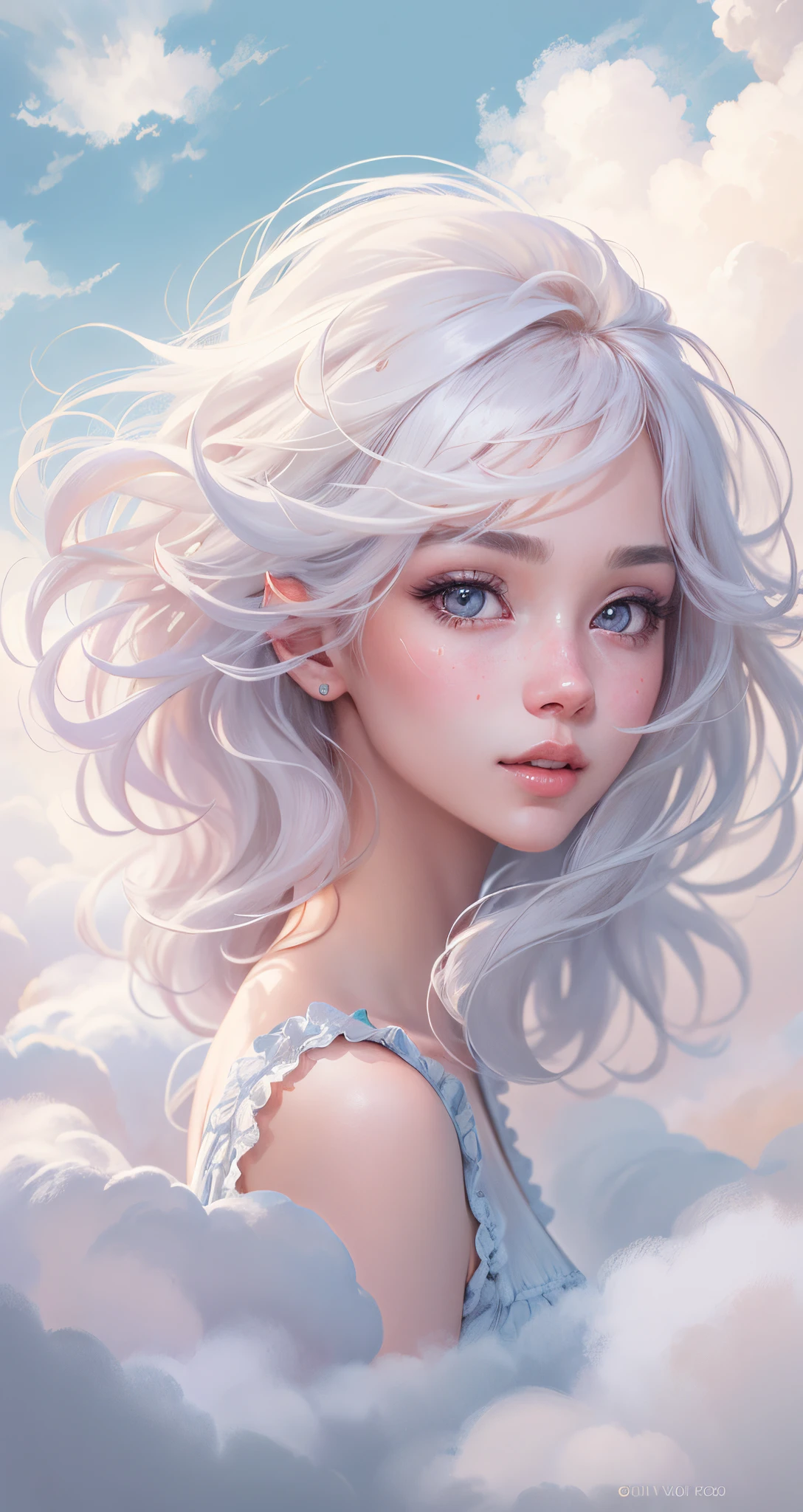 beautiful girl in the clouds，looming in the clouds。light colors hair,weightless hair，Hair stands on end。gossamer，The eyes are bright。skin detailed。The facial features are as beautiful as clouds，cloud:1.37。（Guviz-style artwork, ），illustratio：1.37.Cute and detailed digital art, Detailed digital art,  4k highly detailed digital art,  beautiful digital illustration, stunning face portrait, Beautiful digital artwork,