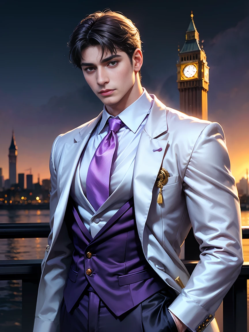 Roman Emperor Constantine the Great resurrected in modern times。34 years old。one adult male。Long body。broad shoulder。thick neck。eyes like a lion。Bright and sharp eyes。Looking here。Sincere and kind。Kind and reliable。Deal with it sternly if necessary.。talented and hardworking businessman。successful gentleman。careerist。he is wearing a high quality white suit。dark purple tie。Light purple shirt。forceful。An overwhelming sense of control。romance novel hero。Bold composition。look up to。lyrical。Dramatic。heartful。Romantic。opulent。elegan。elegance。Venice background in the sunset。masterpiece。top-quality。Super beautiful。The ultra -The high-definition。detaileds。exquisite。