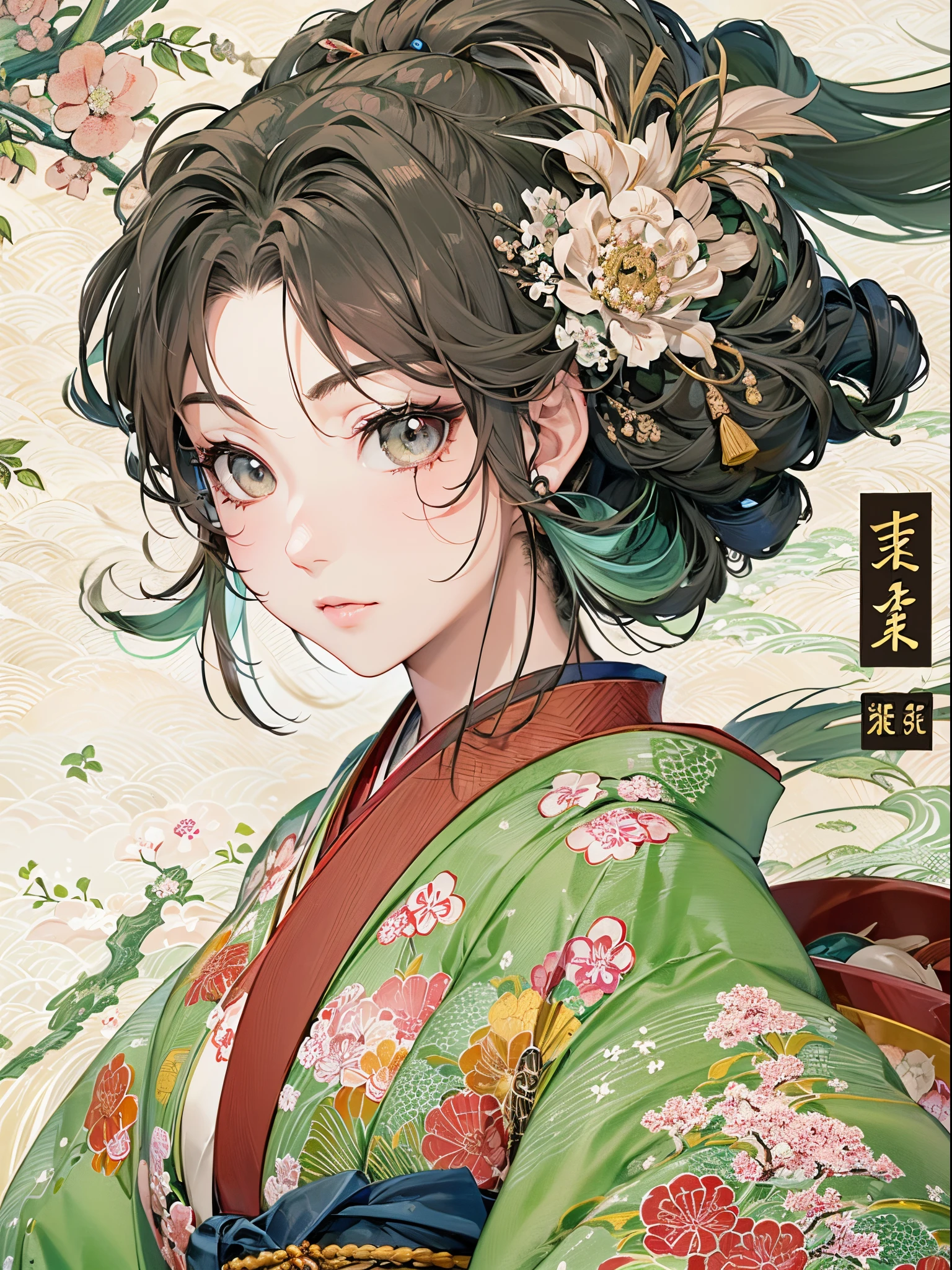 ((Finest quality)),(超A high resolution),(ultra-detailliert),(Meticulous portrayal),((Best Anime)),(Finest works of art),(Ultra-Precision Art),(The art of astounding depiction,Overwhelming depiction:1.5),(Complex and detailed Japanese art:1.6), (1 adult female:1.5),Beautiful enough to be admired:1.7,(Japanese clothes with precise and detailed depictions:1.7), traditional Japanese room:1.5,scroll:1.3