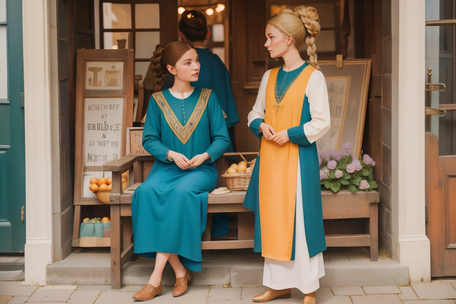 1135, Salisbury, England. In an otherworldly castle, outside the palace, ecclectic merchants work in a Wes Anderson farmers market, ((((poor tunic from the 12th century)))), ((Hairstyle of the 12th century)), colorful