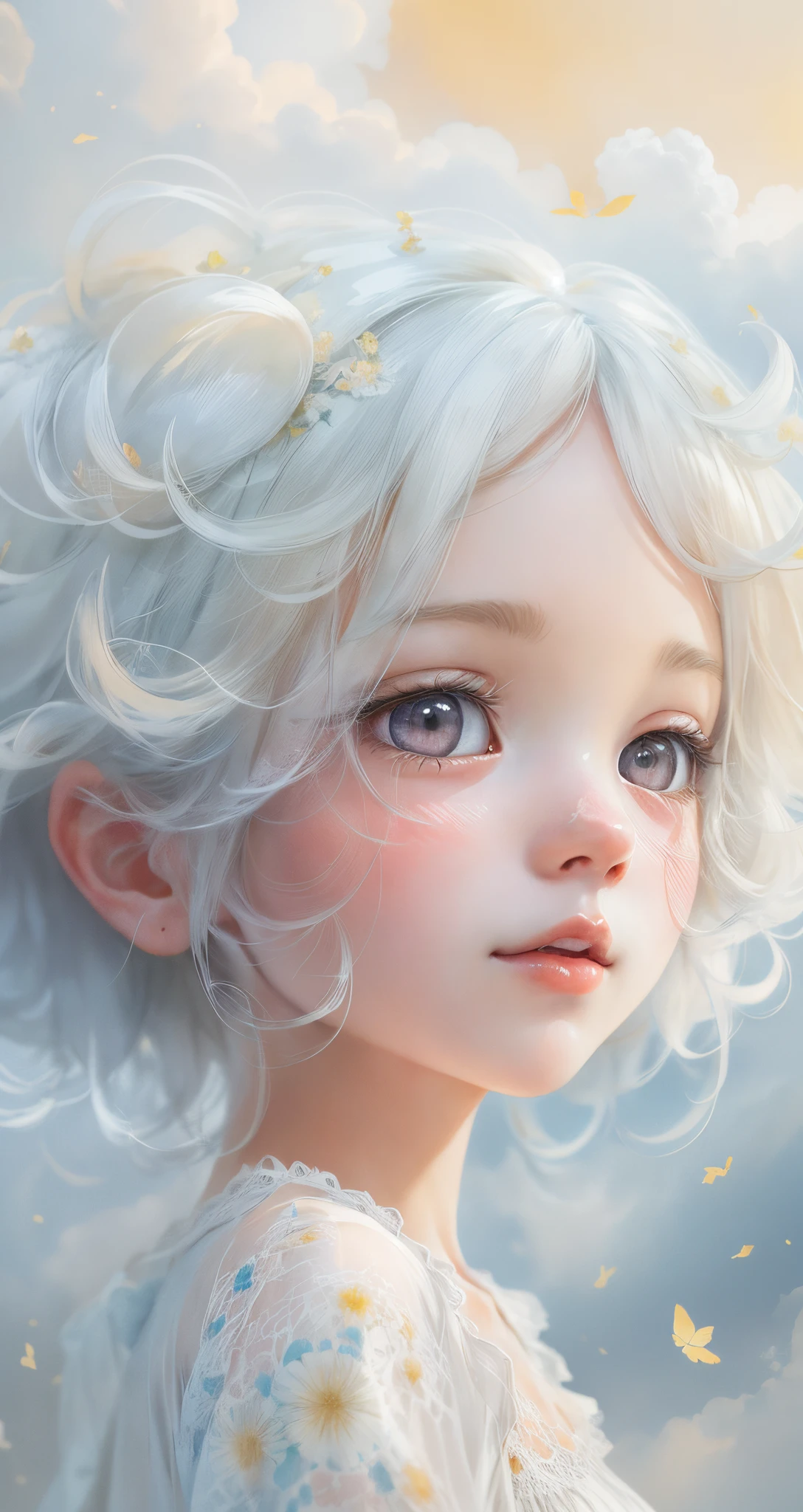 Cute girl falls asleep in the clouds,looming in the clouds。light colors hair,gossamer,skin detailed。The facial features are as beautiful as clouds,clouds:1.37。(Guviz style artwork, ),cloud:1.37.Cute and detailed digital art, Detailed digital art, 4k highly detailed digital art, beautiful digital illustration, stunning face portrait, Beautiful digital artwork,Watercolor texture