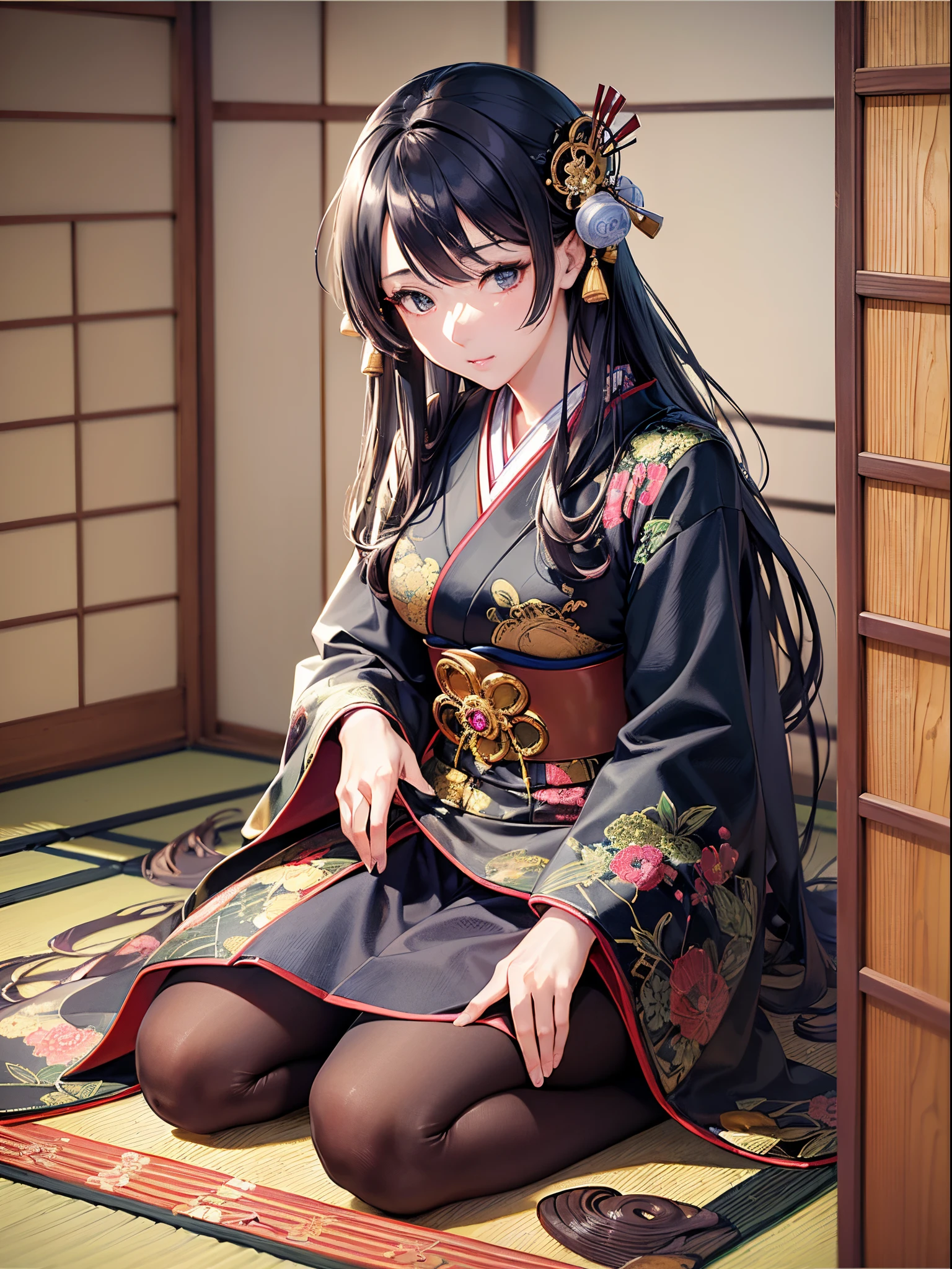 ((Finest quality)),(超A high resolution),(ultra-detailliert),(Meticulous portrayal),((Best Anime)),(Finest works of art),(Ultra-Precision Art),(The art of astounding depiction,Overwhelming depiction:1.5),(Complex and detailed Japanese art:1.6), (1 adult female:1.5),Beautiful enough to be admired:1.7,(Japanese clothes with precise and detailed depictions:1.7), traditional Japanese room:1.5,scroll:1.3