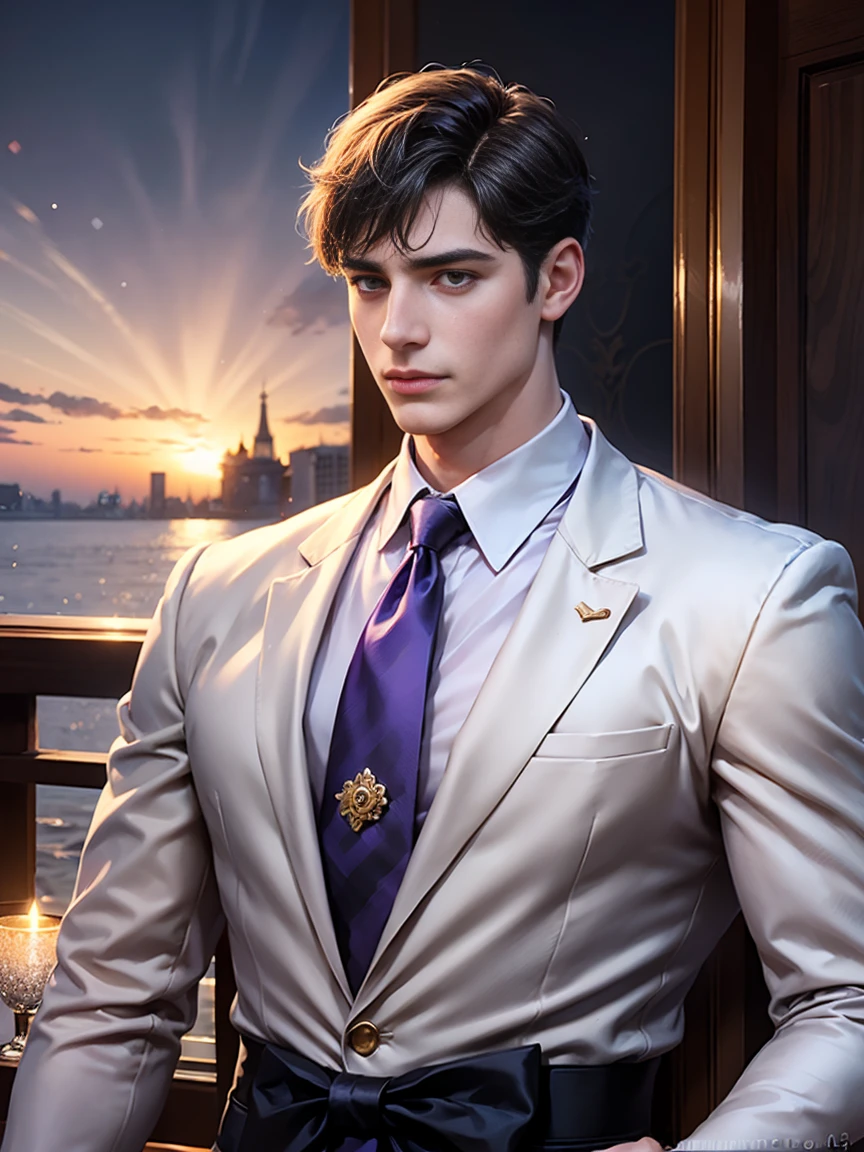 Roman Emperor Constantine the Great resurrected in modern times。34 years old。one adult male。Long body。broad shoulder。thick neck。eyes like a lion。Bright and sharp eyes。Looking here。Sincere and kind。Kind and reliable。Deal with it sternly if necessary.。talented and hardworking businessman。successful gentleman。careerist。he is wearing a high quality white suit。dark purple tie。Light purple shirt。forceful。An overwhelming sense of control。romance novel hero。Bold composition。look up to。lyrical。Dramatic。heartful。Romantic。opulent。elegan。elegance。Venice background in the sunset。​masterpiece。top-quality。Super beautiful。The ultra -The high-definition。detaileds。exquisite。