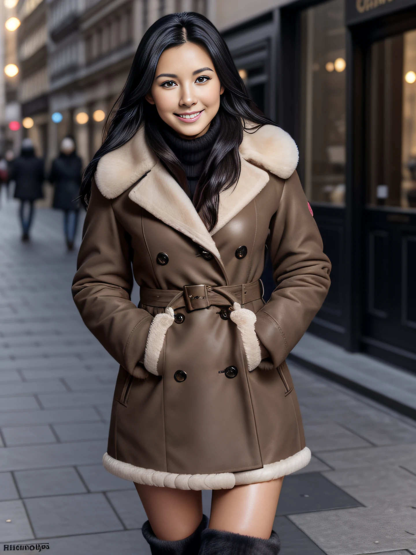 European 22 year old girl, c-cup, tan, in the city centre, long black hair, photorealistic picture, natural skin, high resolution, beautiful face, shy smile, blush, youthful looks, full body picture, realistic skin, winter coat, heel boots, gloves, natural looking hair, nice manicure, winter time, brown eyes.