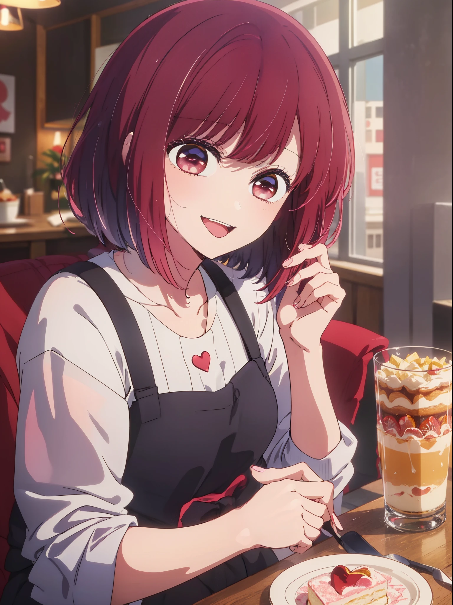 masterpiece、ighly detailed、(1 girl in:1.2)、Red hair、big eye、(((a closeup)))、A smile、8K、short-hair、(((anime styled)))、(((2D)))、Red Eyes、Open your mouth、top-quality、cafes、sitting on、parfait、a cake、(Spoken Heart)、Happiness、Casual clothing、