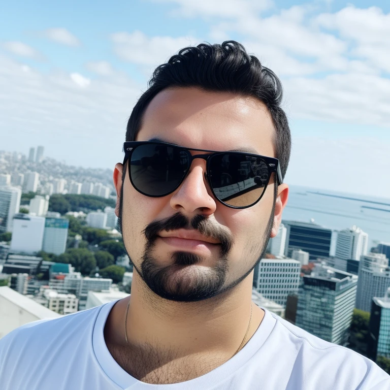 trimmed man with sunglasses and beard in front of a city, Fotografia selfie 8k, imagem de qualidade muito baixa, Retrato tirado 8 K, 2 7 anos, Kyza Saleem, 3 2 anos, 2 9 anos, 2 8 anos, Postagem no Reddit, cerca de 3 5 anos, com uma cidade em segundo plano. Gerar imagem no estilo de arte do jogo GTA