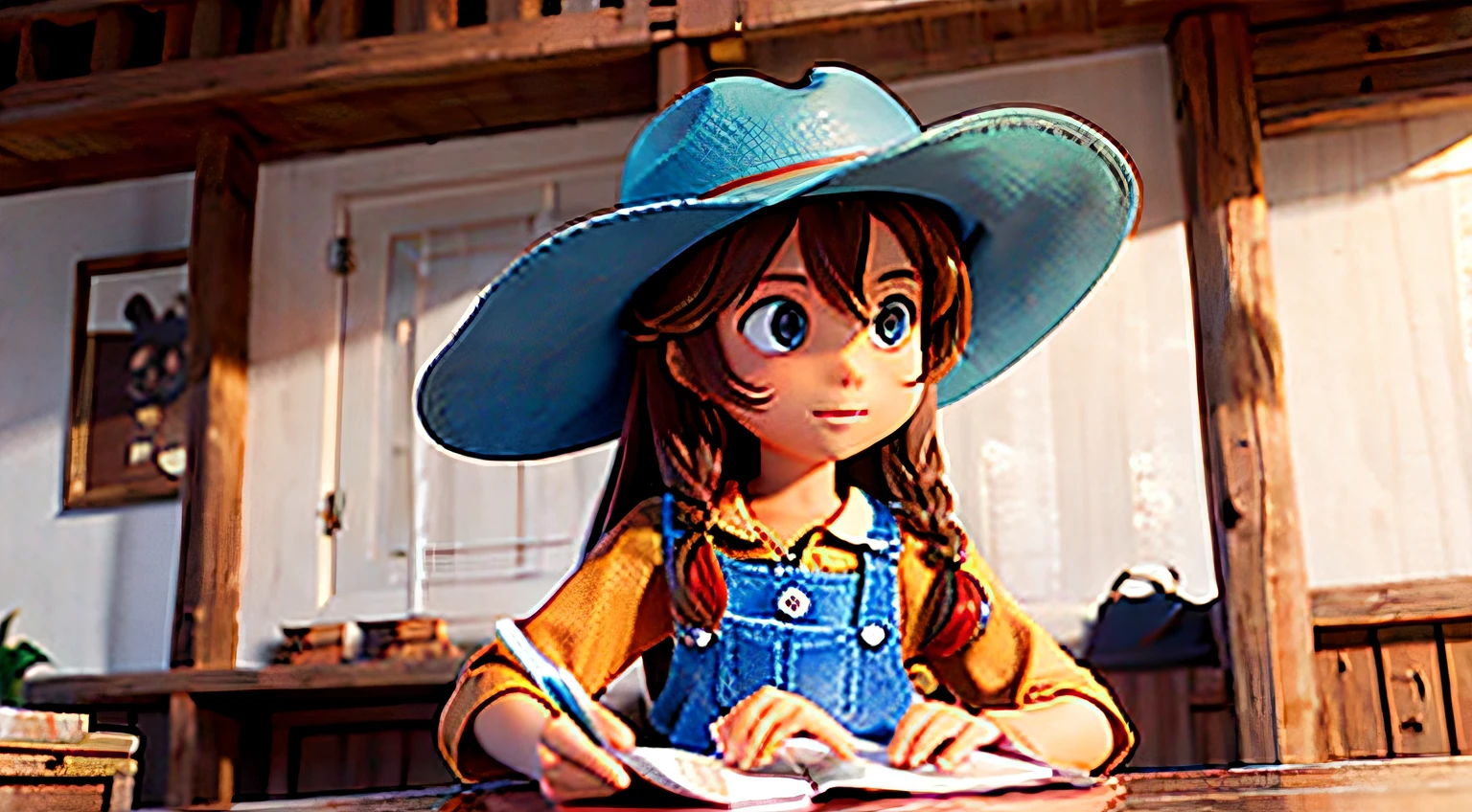 Menina agricultora, multiples poses and expressions, fundo branco, CHILDREN&#39;S BOK ILLUSTRATION STYLE, simples, fofo, 6 anos, cores brilhantes, cabelos castanhos longos, USANDO ROUPA DE AGRICULTOR, and cowboy hat