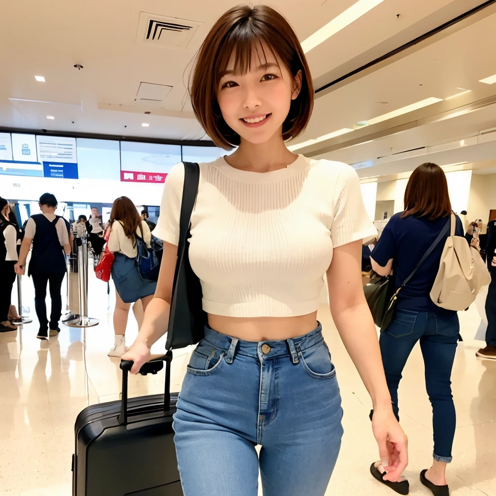 top-quality, masterpiece, 超A high resolution, 8K, Unripe, (photographrealistic:1.4), profetional lighting、Cute College Girl、(no-makeup)、A slender、Big, Full breasts, thin waist、Bery short hair、ssmile、huge international airport、walking with a white carry case、blancheTThe shirt、denim pant、The whole body、Photographing the entire airport